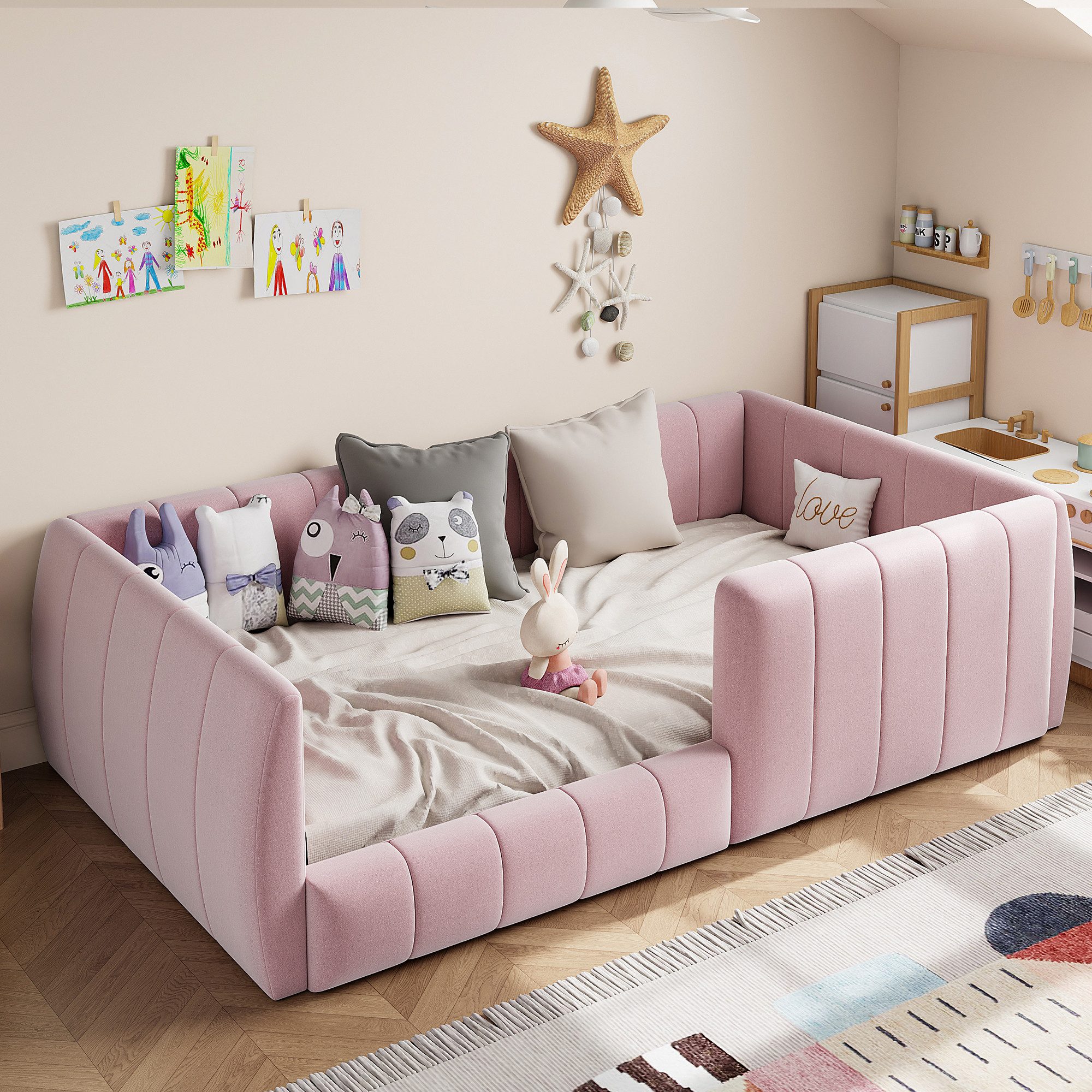 Flieks Polsterbett, Daybett Kinderbett Bodenbett 90x200cm mit Sicherheitsgeländer