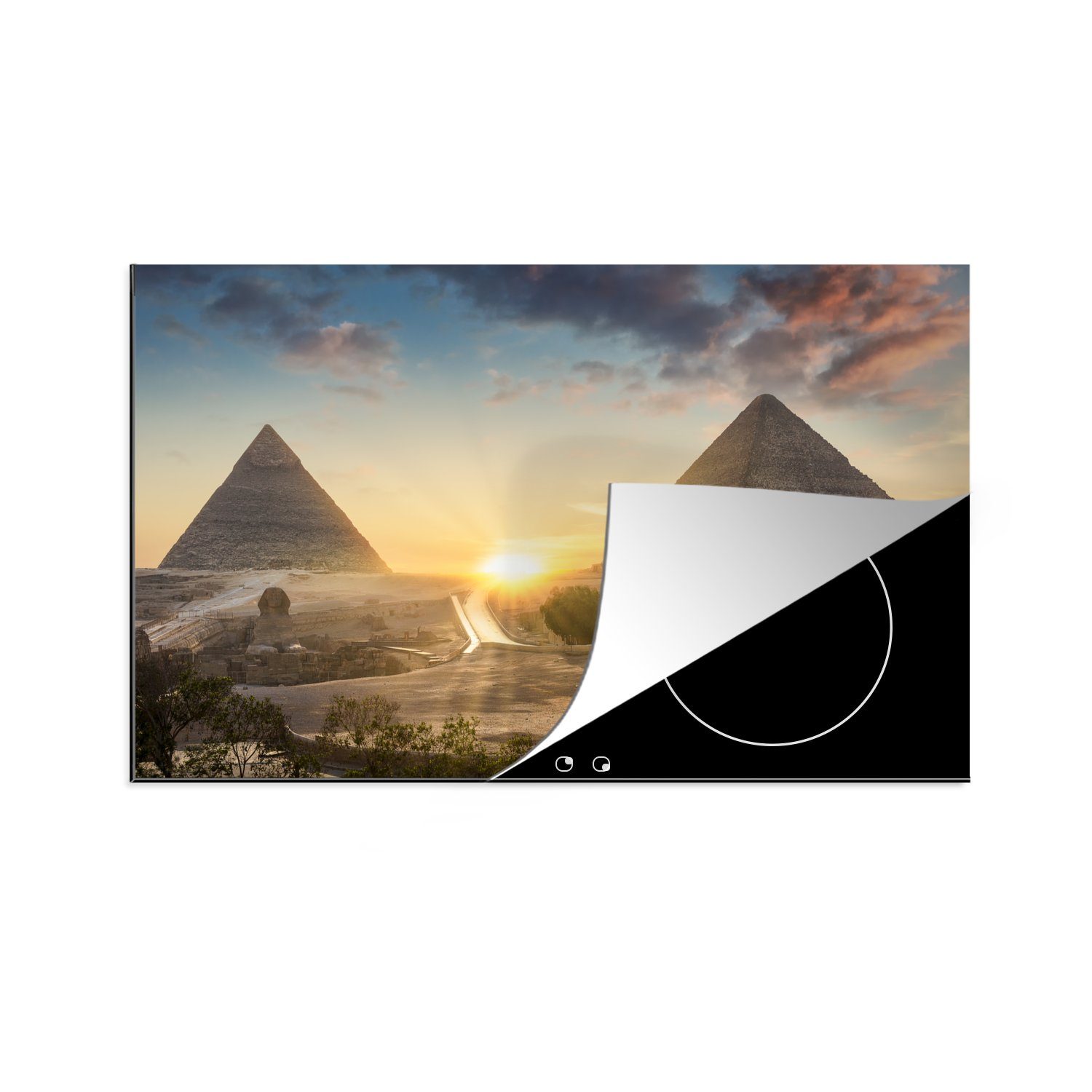 MuchoWow Herdblende-/Abdeckplatte Sonnenuntergang zwischen den Pyramiden der ägyptischen Stadt Kairo, Vinyl, (1 tlg), 83x51 cm, Ceranfeldabdeckung, Arbeitsplatte für küche