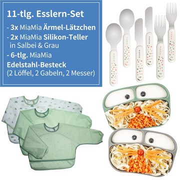 MiaMia Besteck-Set Esslern-Set - Salbei Grau (11-tlg), 2 Personen, Edelstahl 18/10, Kunststoff PP, 2x Silikon Teller, 2x Edelstahl Kinder Besteck, 3x Ärmel Lätzchen