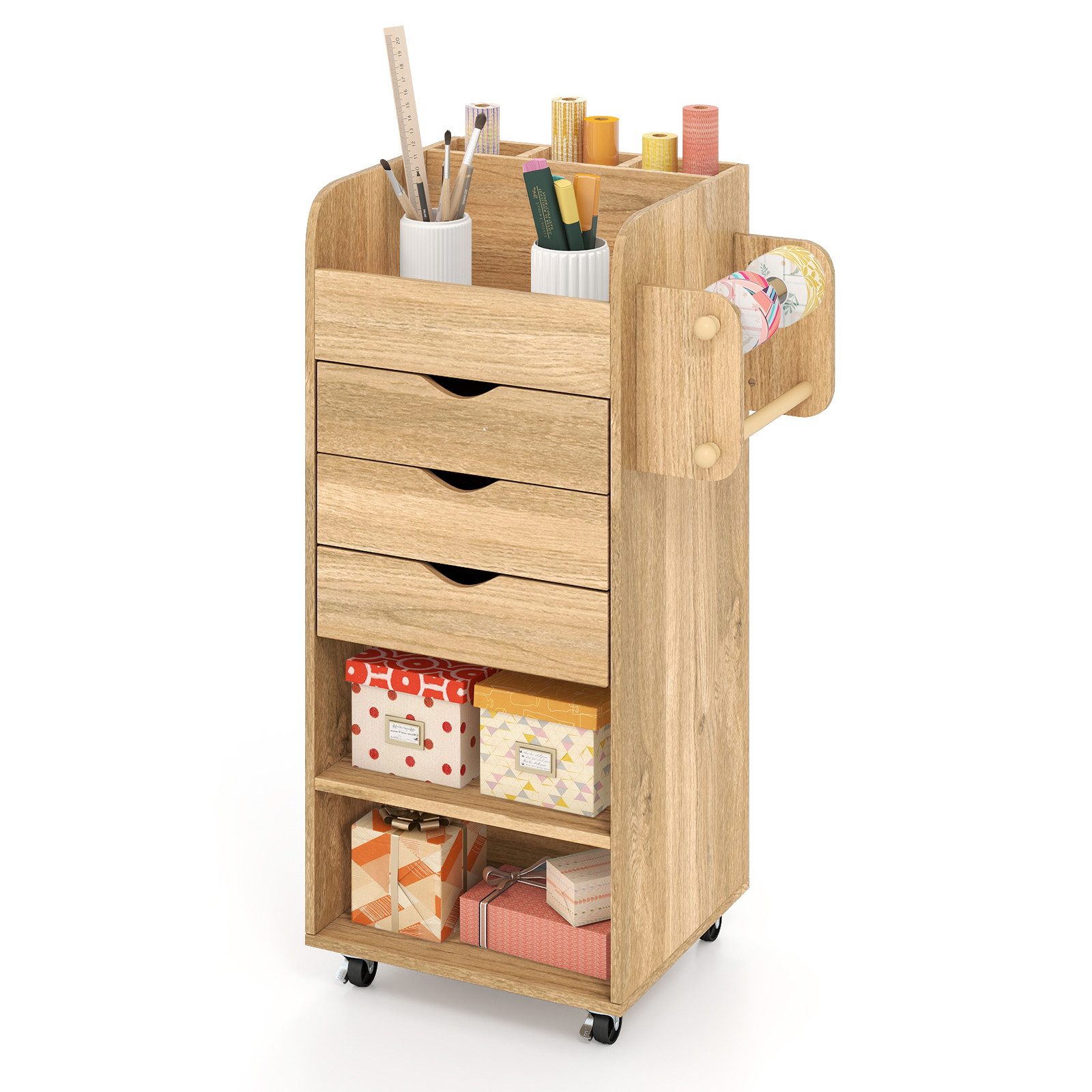 COSTWAY Rollcontainer mit 3 Schubladen, Bastelwagen mit 2 Rollstangen & 3 Fächern, Schubladenschrank aus Holz auf Rädern, Rollwagen Mehrzweckwagen für Büro Arbeitzimmer (Weiß