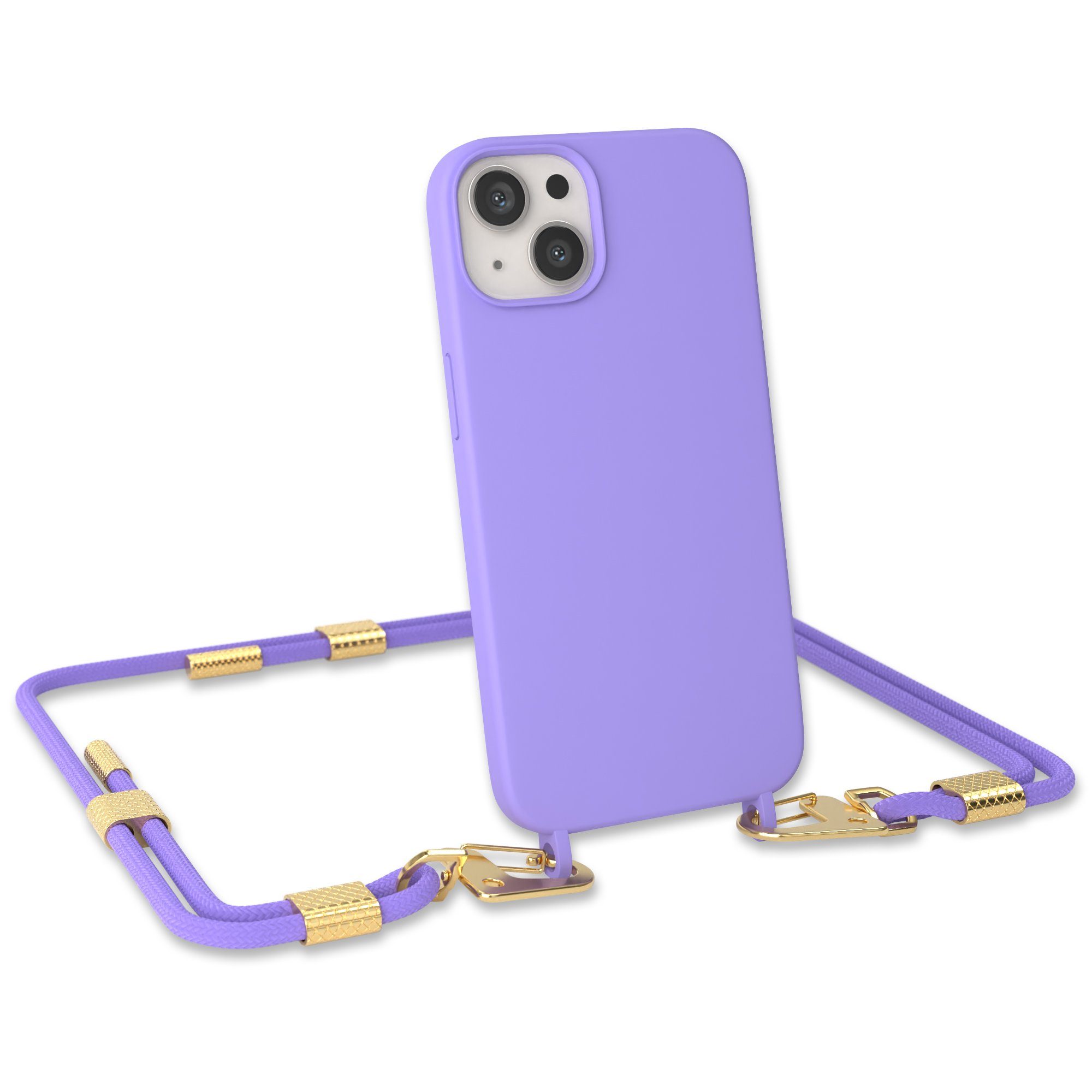 EAZY CASE Handykette Carabiner Chain für Apple iPhone 13 6,1 Zoll, Smartphonekette Cover Silikonhülle Umhängetasche Flieder Lila Gold
