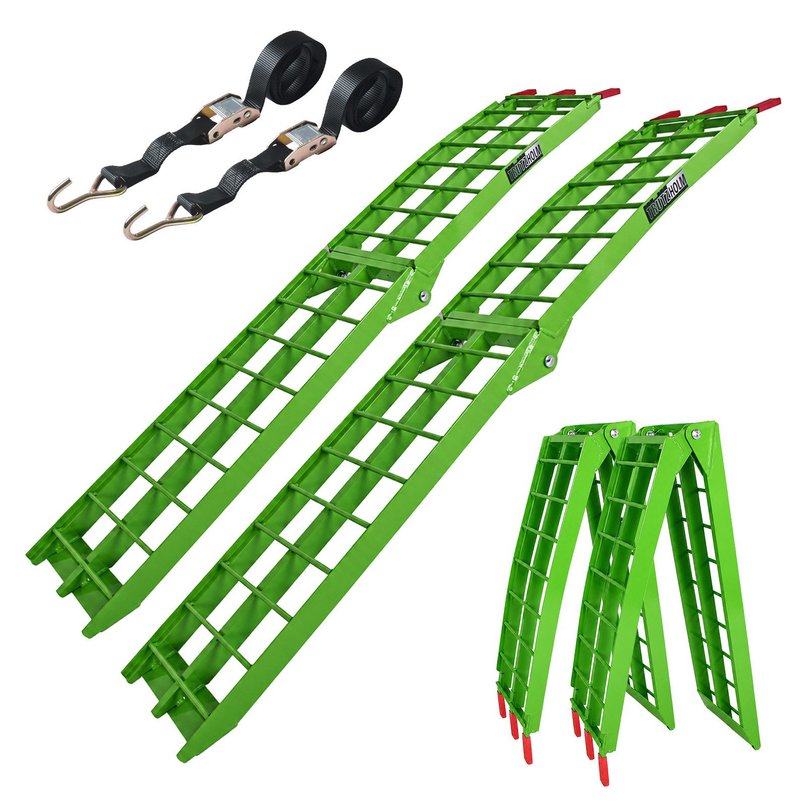 TRUTZHOLM Auffahrrampe Aluminium 2x Länge 180 cm Traglast 340 kg je Rampe klappbar (2-St., Inkl. 2x Spanngurt), Robuste Konstruktion, hohe Traglast, Klappmechanismus