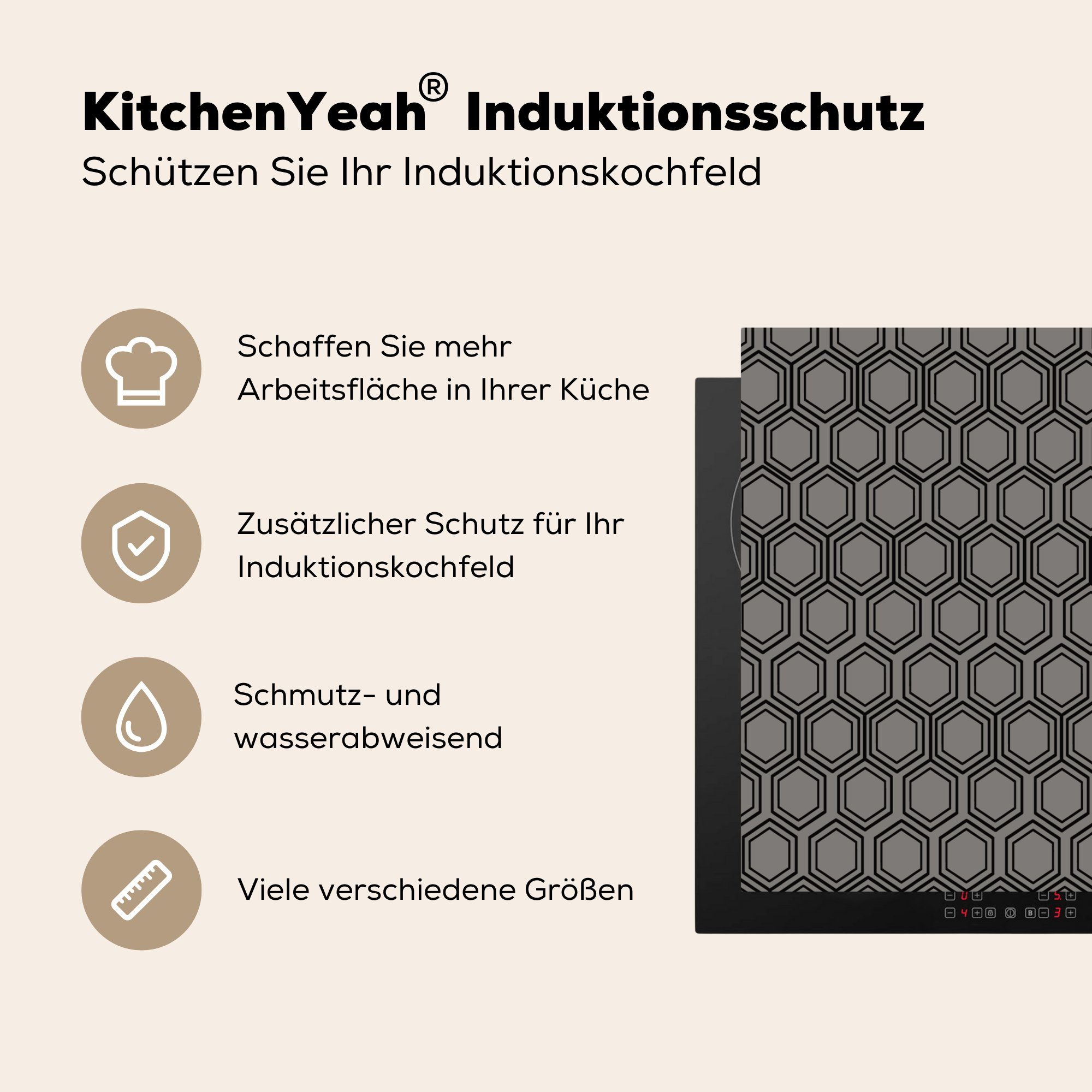 tlg), Ceranfeldabdeckung, - Vinyl, MuchoWow küche Muster Sechseck, für 78x78 Arbeitsplatte - Schwarz Herdblende-/Abdeckplatte (1 cm,