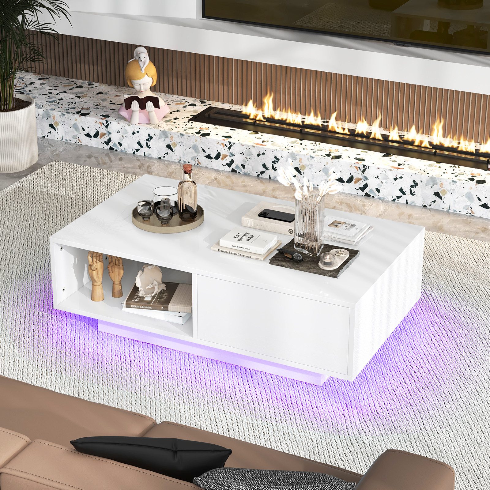 COSTWAY Couchtisch, mit 20 Farben LED-Beleuchtung, Fernbedienung, Schublade günstig online kaufen