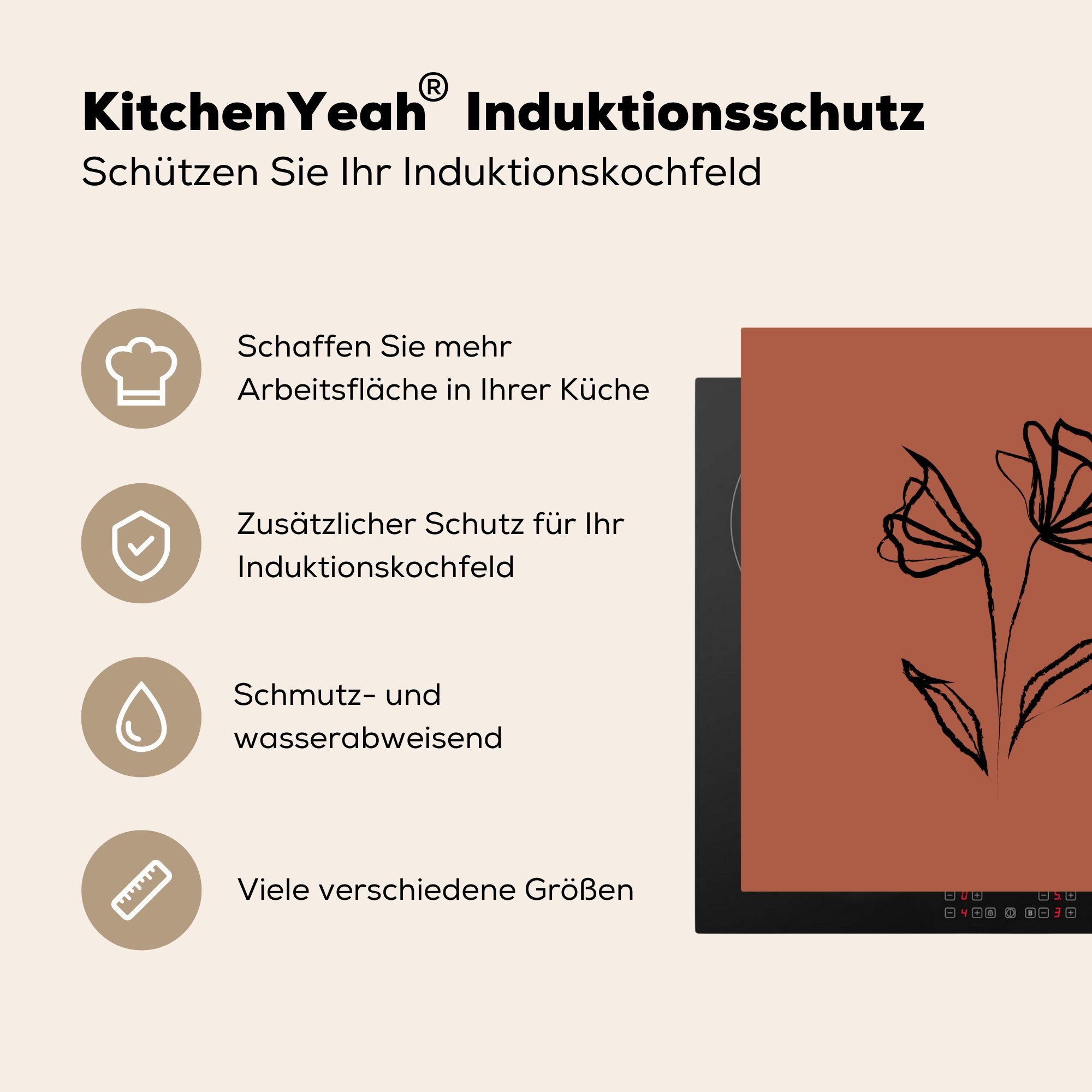 MuchoWow Strichzeichnung, 78x78 (1 Rosen für küche cm, Arbeitsplatte tlg), Braun - - Vinyl, Herdblende-/Abdeckplatte Ceranfeldabdeckung,