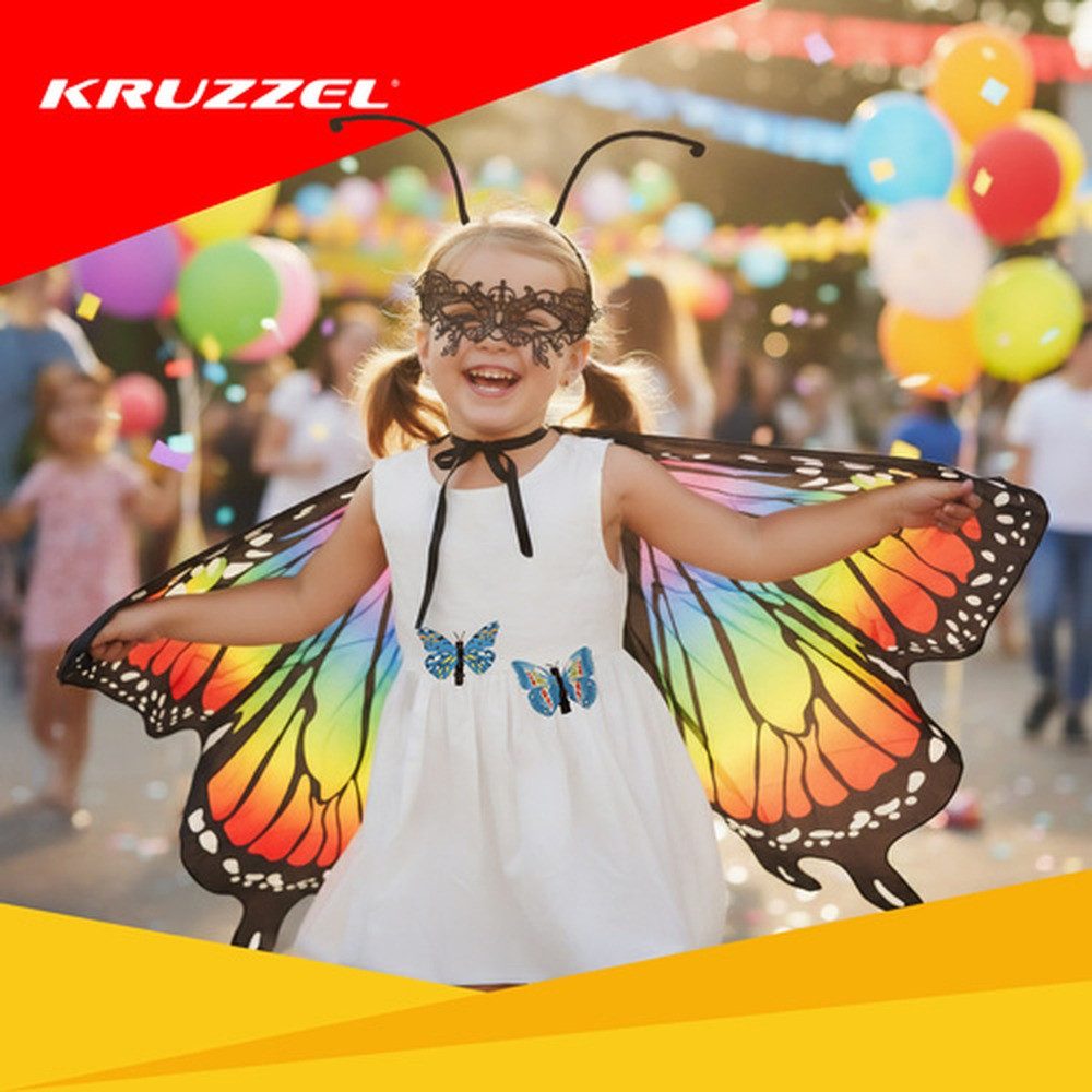 KRUZZEL Kostüm-Flügel Schmetterlingskostüm Kinderkostüm, Komplettset mit Flügeln, Stirnband, Maske und Haarspangen