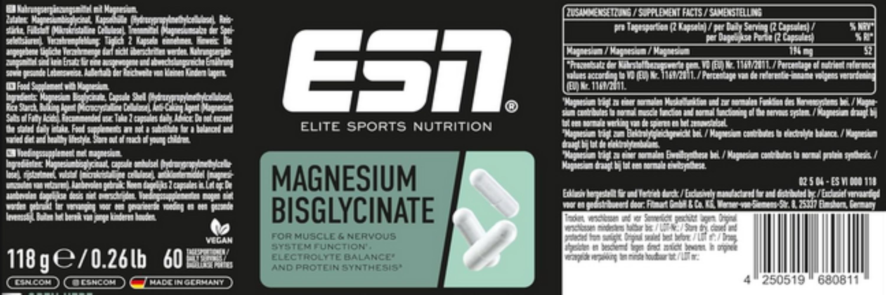 ESN ESN Magnesium 120 Kapseln Magnesiumbisglycinat Kapseln, 96 g, Magnesium als Bisglycinat