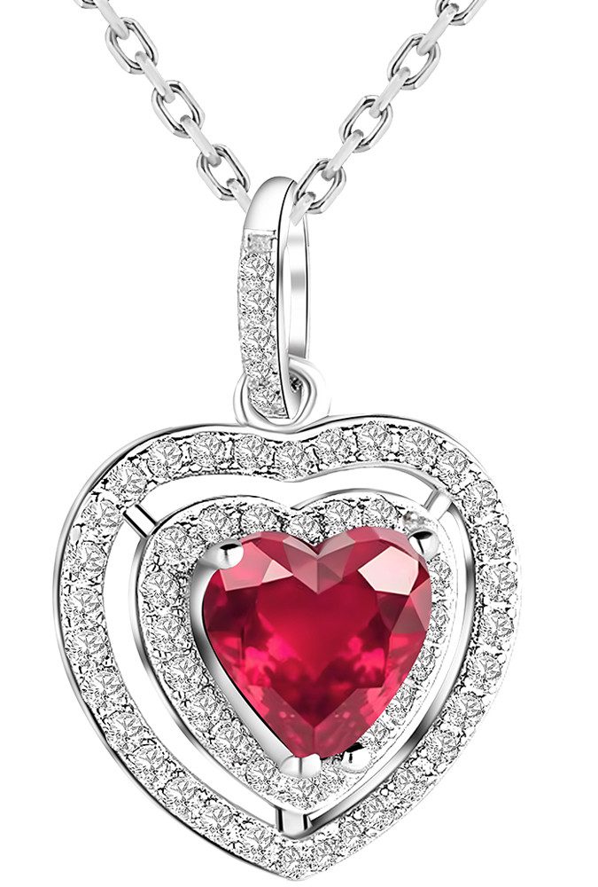 Herzkette Damen 925 Silber rot Kette mit Herz Anhänger Frauen Silberkette