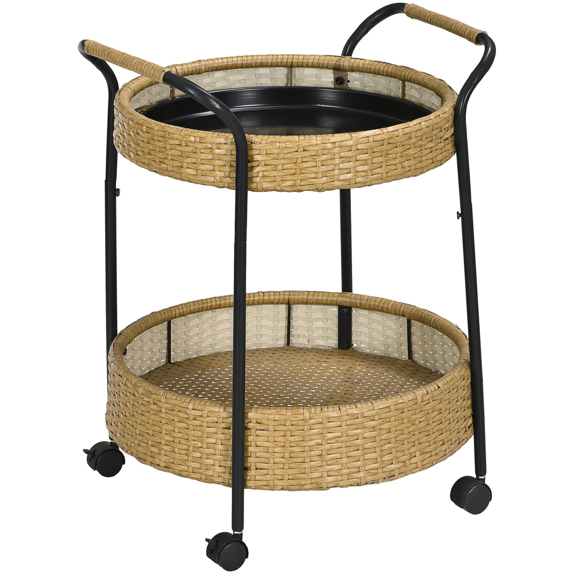 OKWISH Servierwagen Gartenrollwagen aus Rattan mit 2 Regalen, Runde Form, Natur, (Packung, 1 St), Garten- und Küchenrollwagen mit Griffen, Outdoor Barwagen, Φ50 x 66 cm
