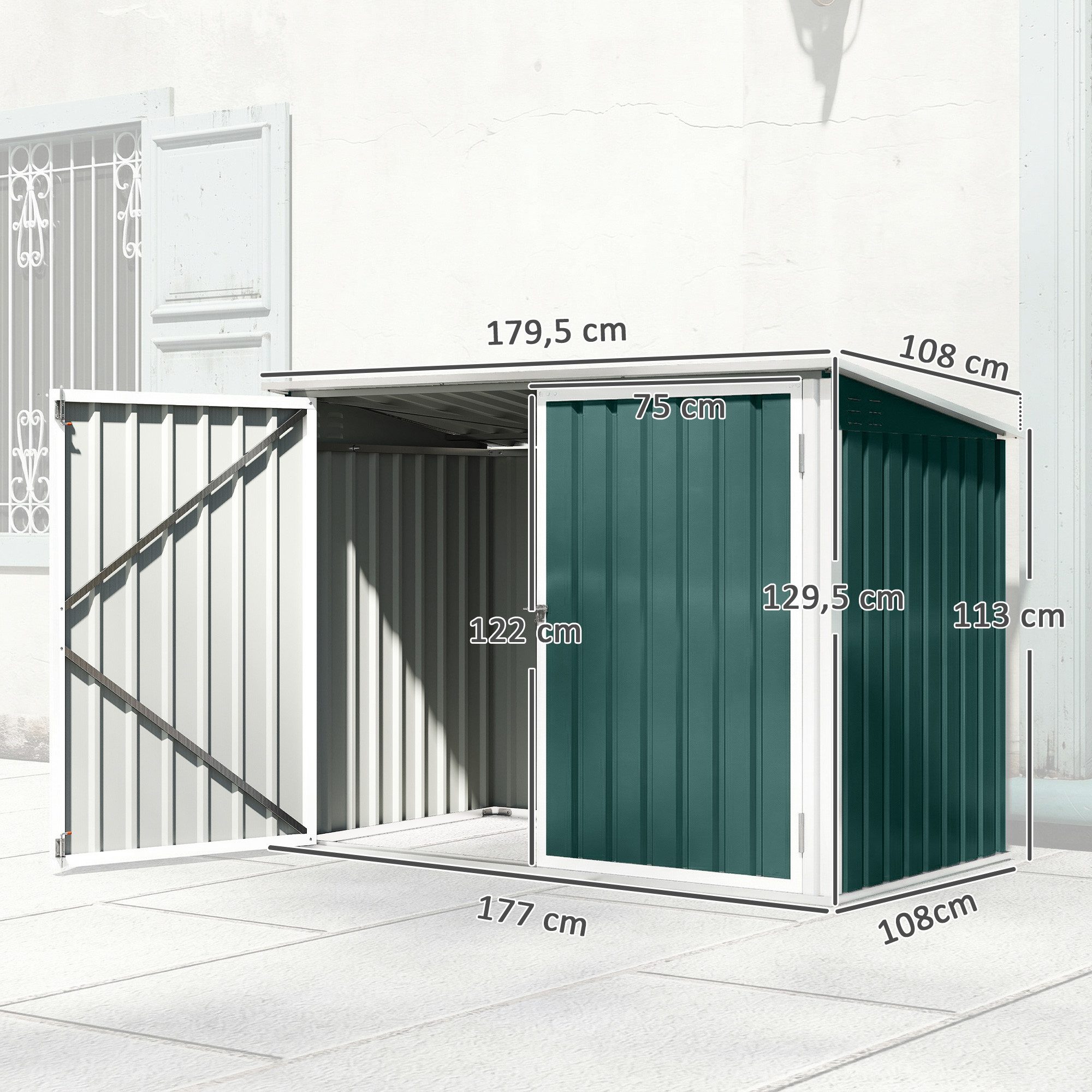 Outsunny Mülltonnenbox mit Doppeltür Deckel für 2 Mülltonnen (abschließbar Gerätebox, 1 St., Müllbox), Stahl 179,5 x 108 x 129,5,113 cm Grün