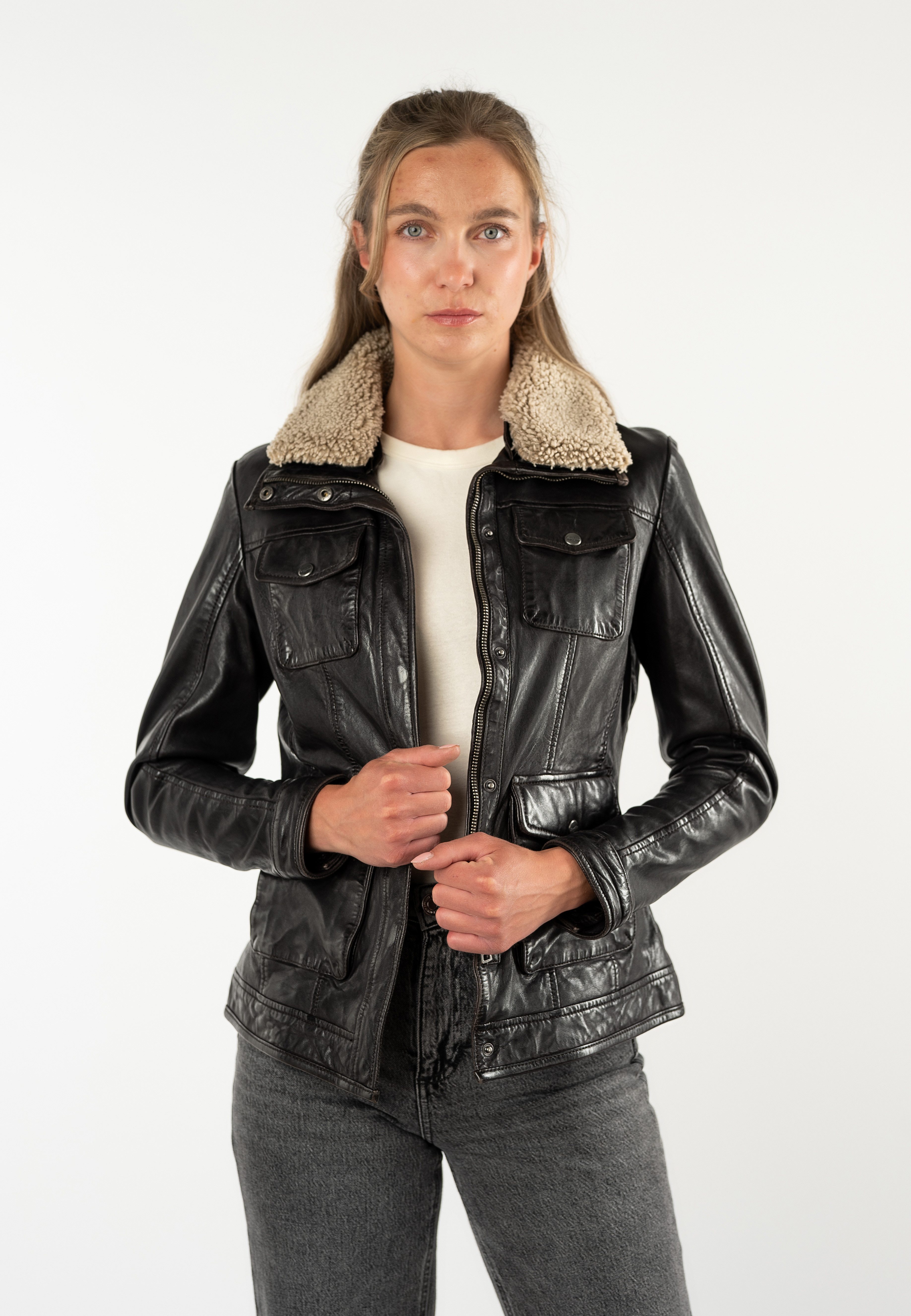 Mauritius Lederjacke MWBriselle mit Teddyfell-Kragen