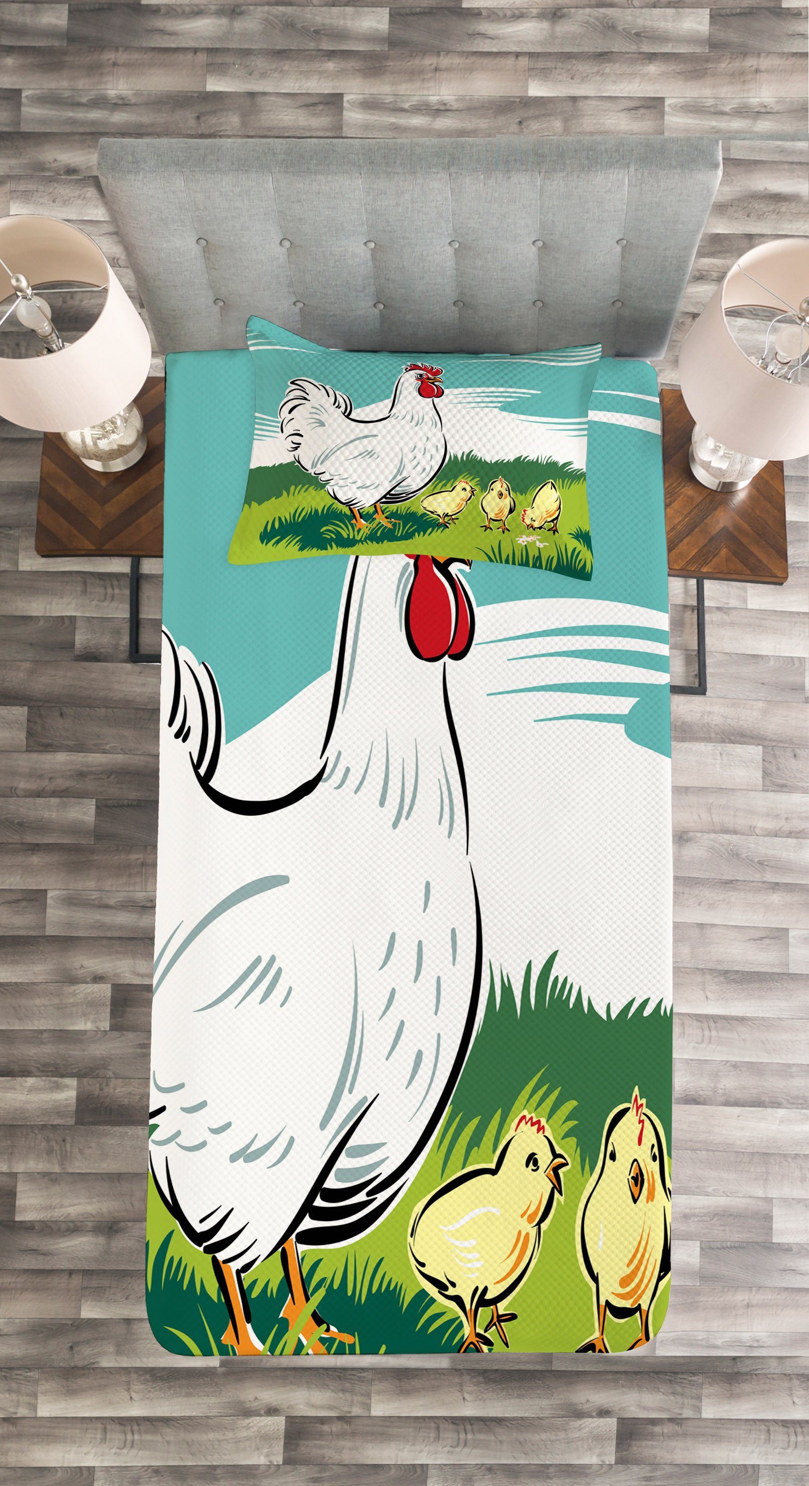 Tagesdecke Küken Henne und Animal Kissenbezügen Waschbar, Cartoon mit Set Abakuhaus,