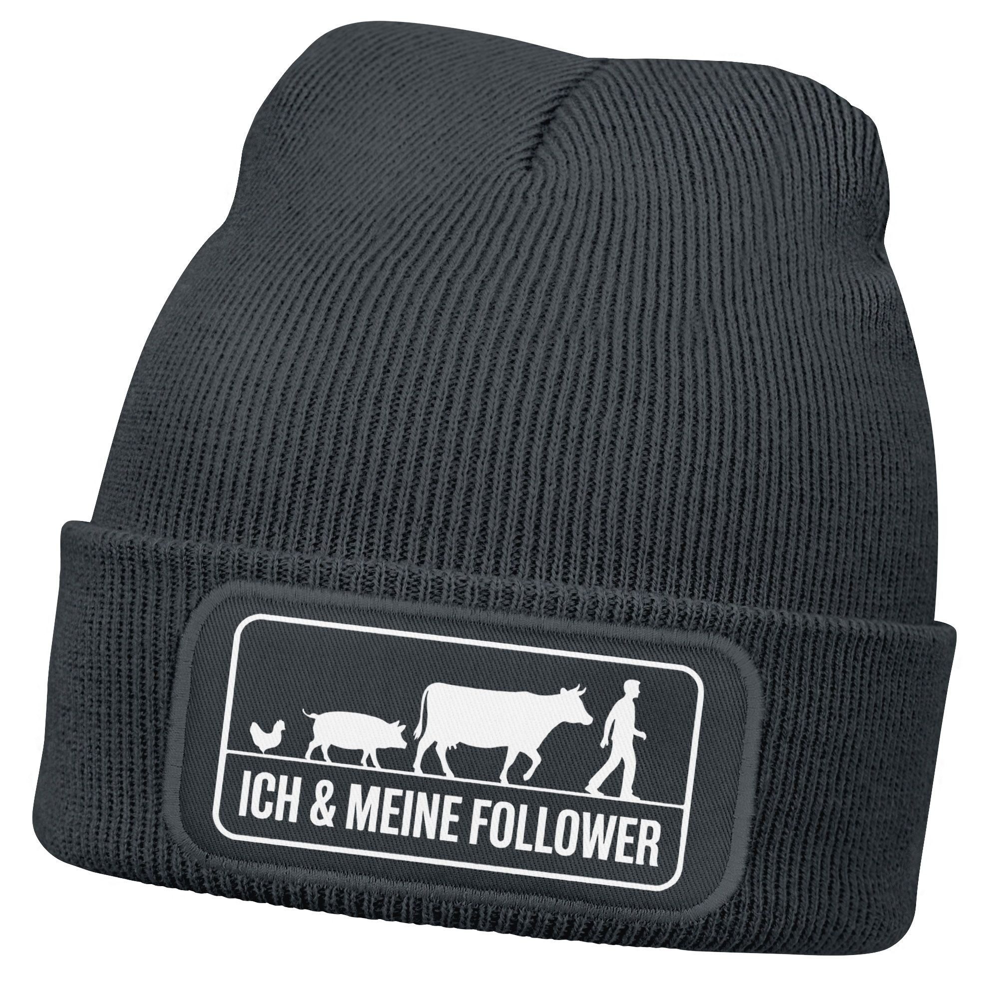 Strickmütze Damen Beanie Strickmütze mit Spruch Ich und meine Follower Aufdruck