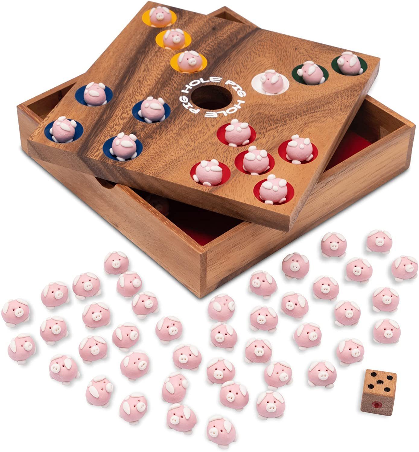 Logoplay Holzspiele Spiel, Pig Hole für 2 bis 6 Spieler - Spielfeld 18 x 18 cm - inkl. 60 Schweinchen Holzspielzeug