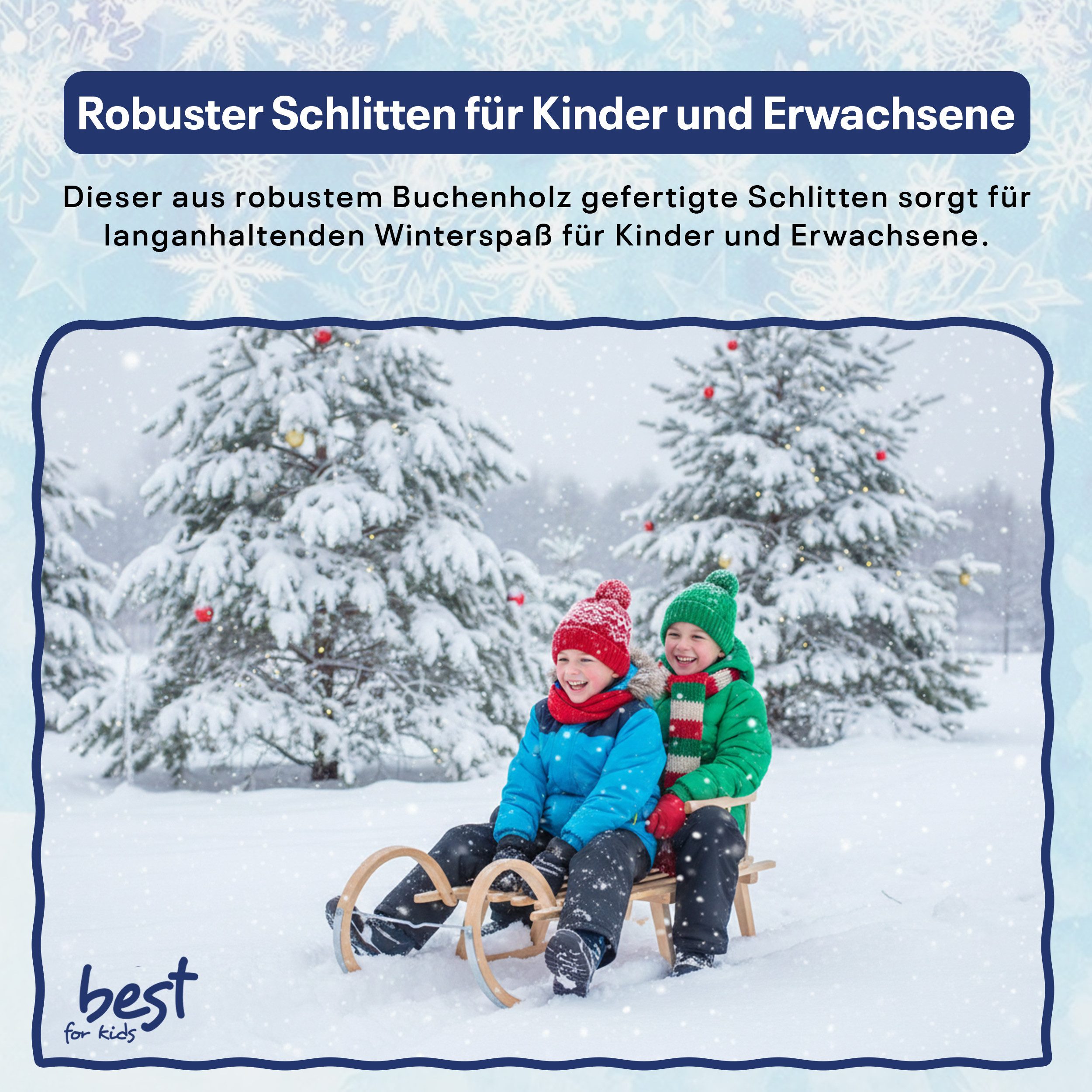 Best for Kids Hörnerrodel Hornschlitten – Kinder-Holzschlitten mit Rückenlehne und Metallkufen (Holzschlitten, Kinderschlitten mit Rückenlehne), 120 x 32 x 39 cm (L x B x H)