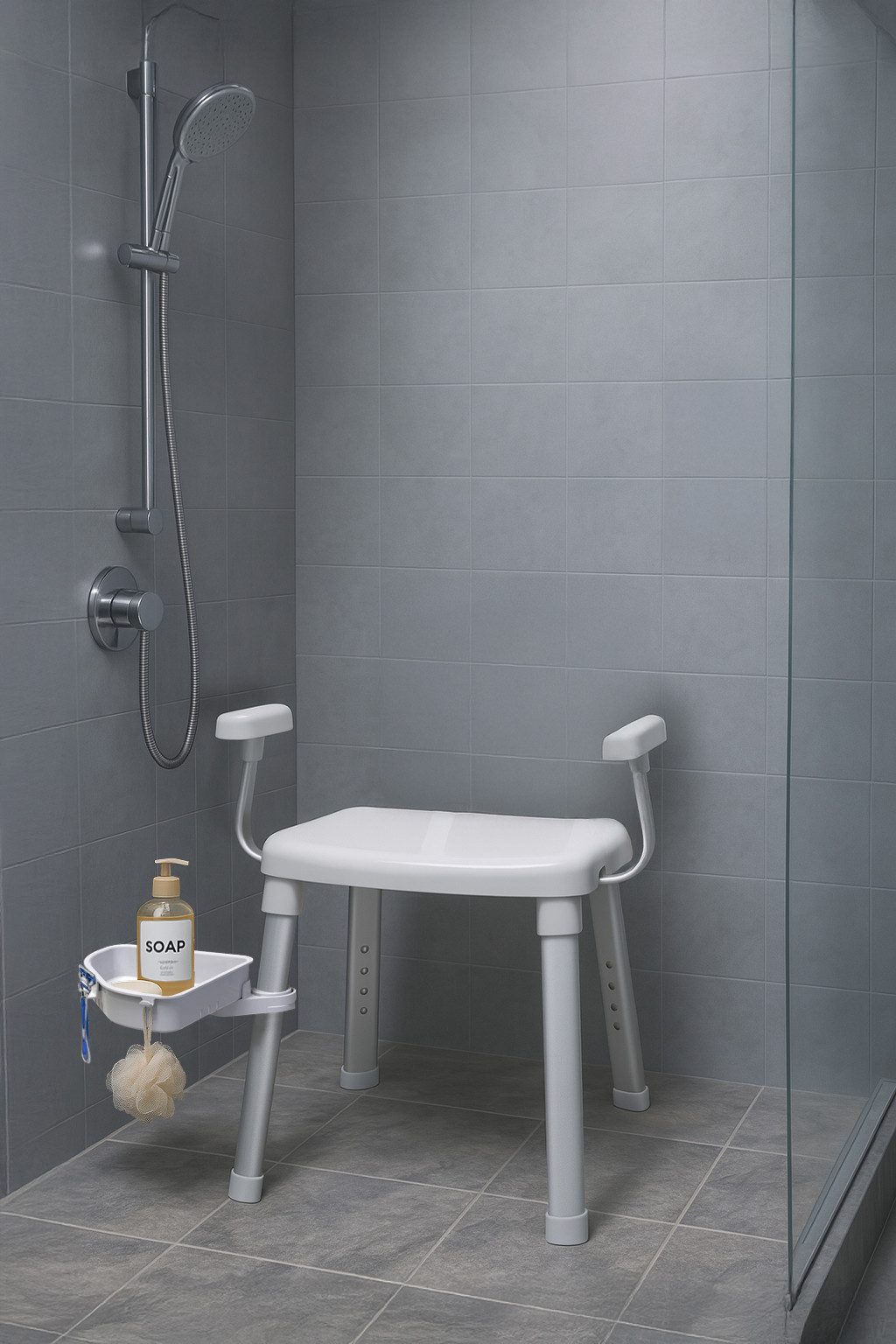 Bischof Dusch- und Badhocker Tray Comfort, belastbar bis 150 kg, Mit schwenkbarer Ablage 28x21cm und 360° drehbarer Sitzfläche