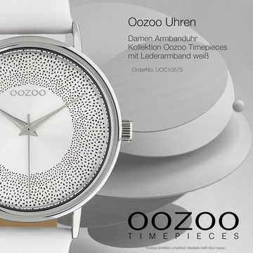OOZOO Quarzuhr Oozoo Damen Armbanduhr weiß Analog, Damenuhr rund, groß (ca. 42mm) Lederarmband, Elegant-Style
