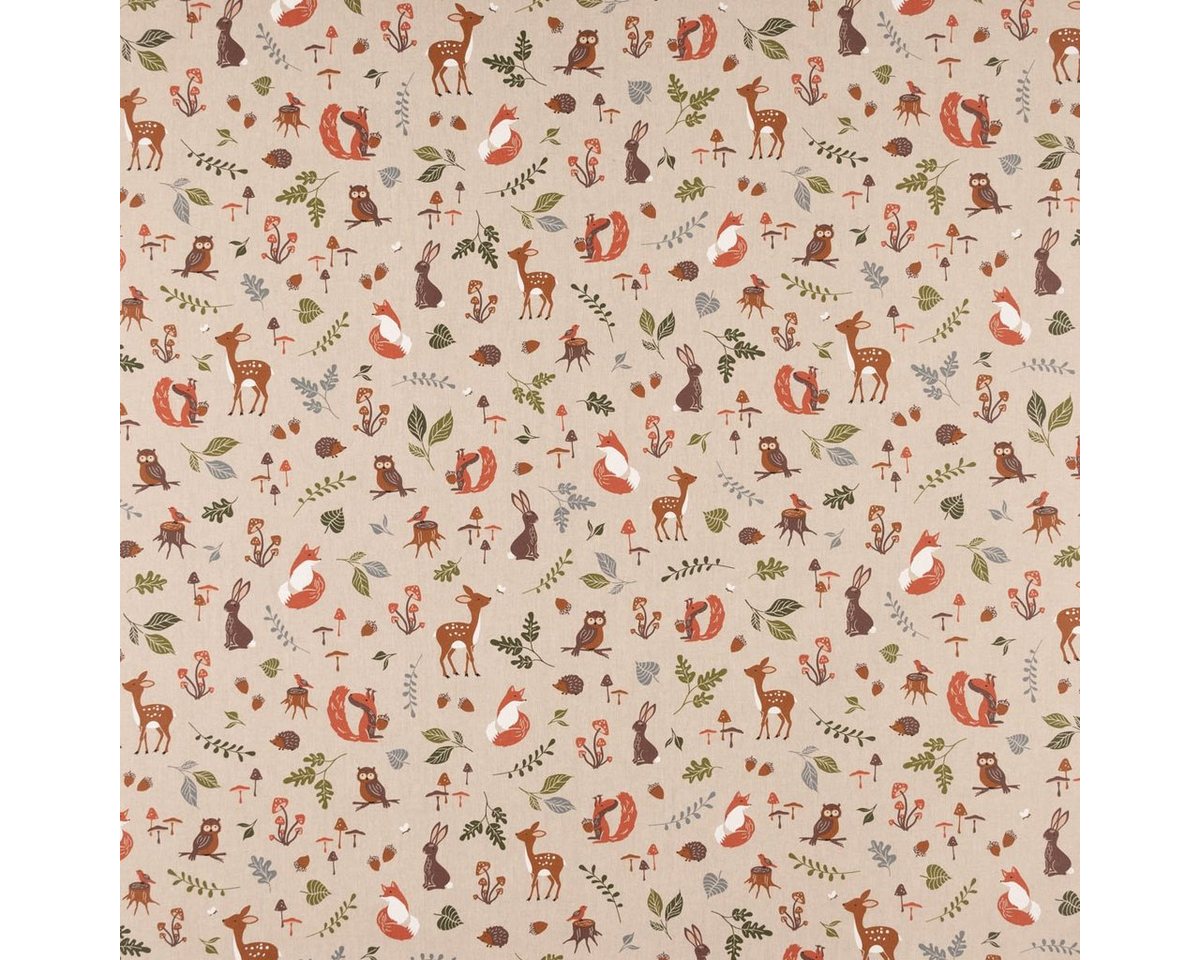 Thumbnail - SCHÖNER LEBEN. Stoff Dekostoff Forest Wood Animals Waldtiere Pilze Blätter natur braun gr, pflegeleicht