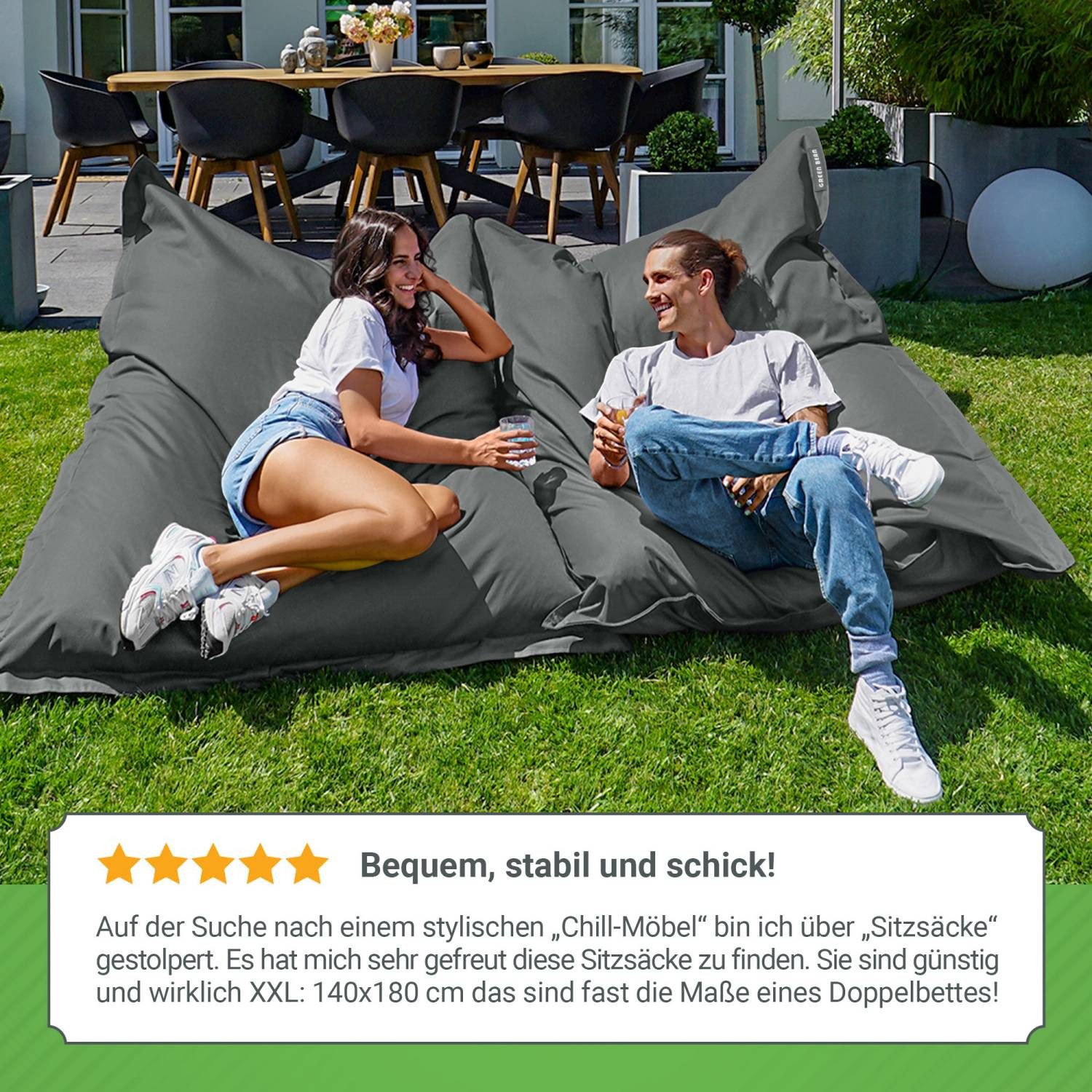 Green Bean Sitzsack XXL Outdoor Sitzsack Square 140x180cm (XXL Riesensitzsack 140x180cm 380 Liter Kinder & Erwachsene Bean Bag EPS Perlen Füllung, Groß Draußen  – Bild 4 von 5