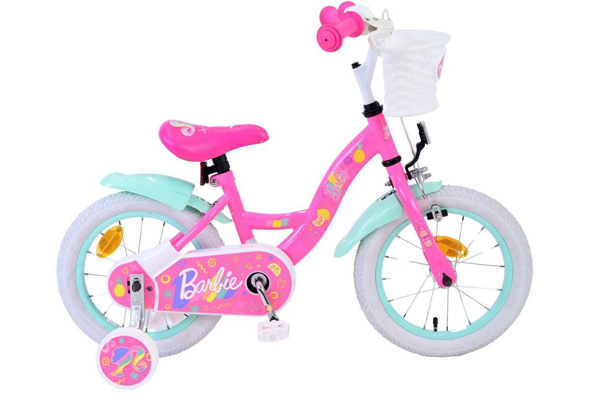 Volare Kinderfahrrad 14 Zoll Kinder Mädchen Fahrrad Mädchenfahrrad Rad Barbie 31454-SACB, 1 Gang, Rücktrittbremse, Korb,Stützräder,Kettenschutz, Schutzbleche