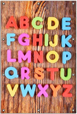 Wallario Sichtschutzzaunmatten Bunte Buchstaben - Alphabet auf Holz