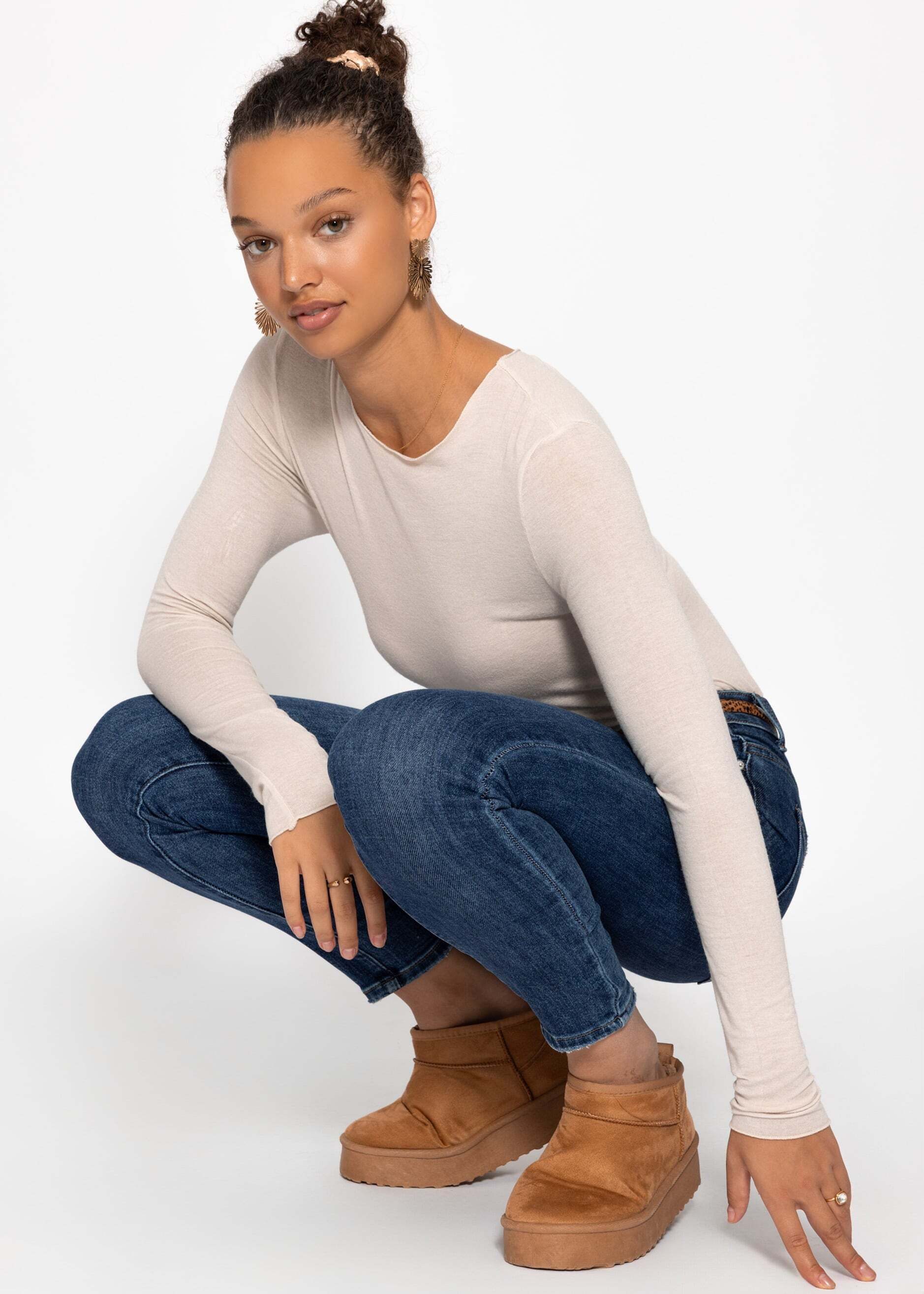 SASSYCLASSY Langarmshirt Langarmshirt mit Kaschmiranteil für Damen Gestreiftes Top in leicht transparenter Optik mit Rundhalsausschnitt