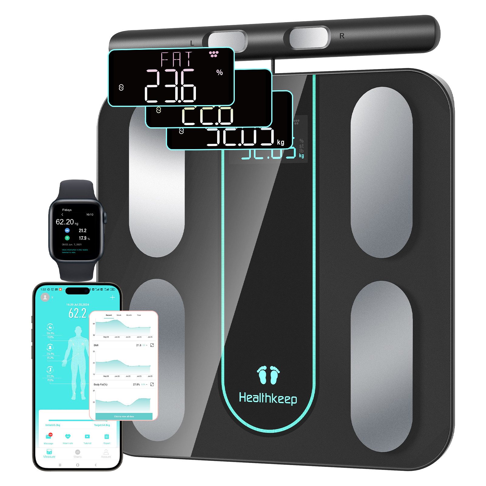 Healthkeep Körper-Analyse-Waage Intelligente Körperwaage mit 8 Elektroden für 21 Körperdaten, Hochpräzise BIA-Messung mit doppelter Frequenz, kompatibel mit App für Android und iOS, Max. 180 kg/400 lb/28 st