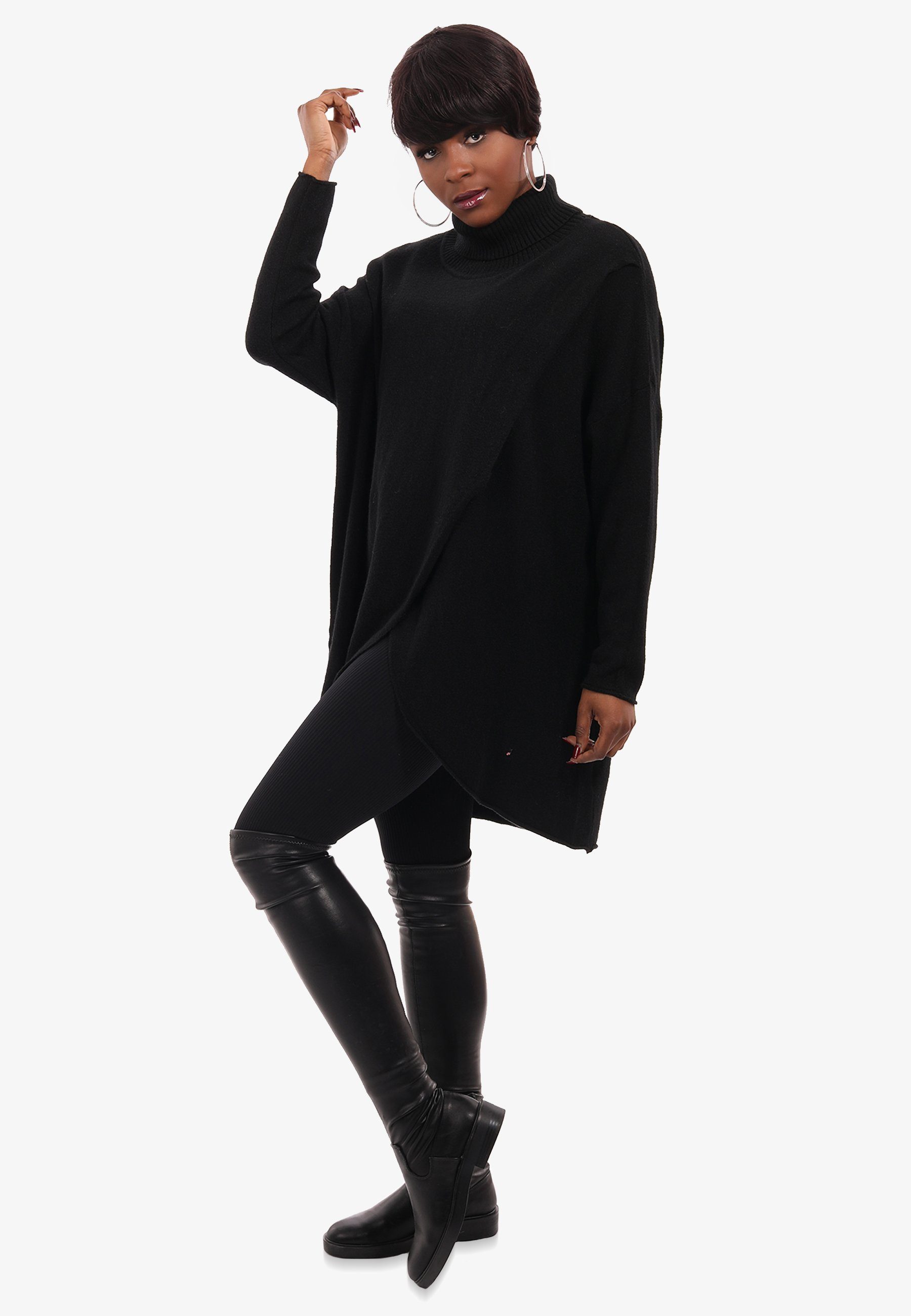 Style YC mit in Wickeloptik Strickpullover & Longpullover in schwarz Unifarbe Rollkragen Fashion