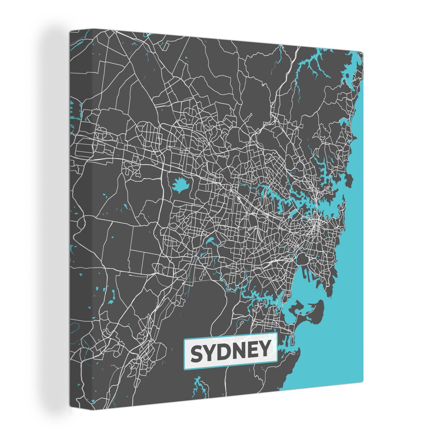 OneMillionCanvasses® Leinwandbild Sydney - Blau - Karte - Stadtplan, (1 St), Leinwand Bilder für Wohnzimmer Schlafzimmer