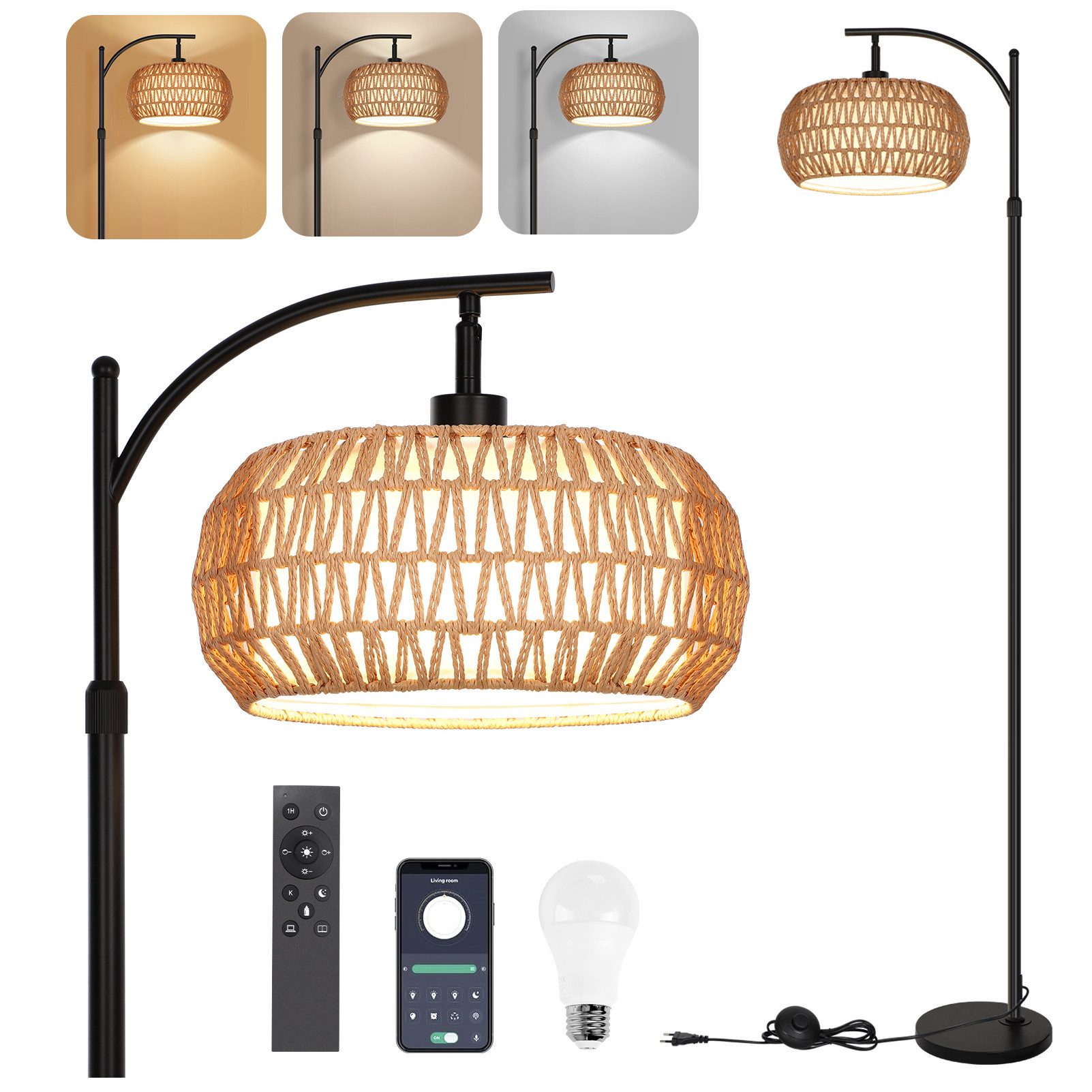 LED Stehlampe Dimmbare Rattan Stehlampe, Fernbedienung, App-Steuerung, Fußschalter