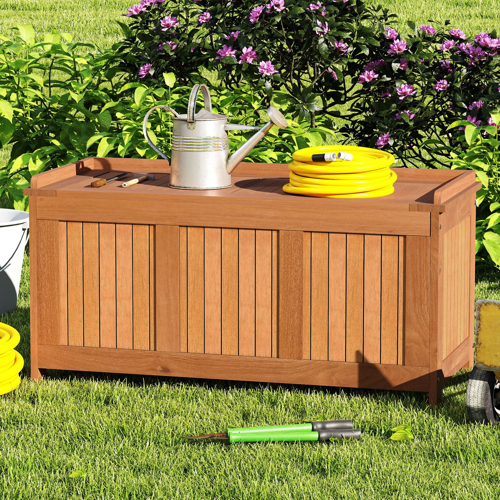 COSTWAY Auflagenbox, 220L Gartenbox Holz mit Deckel, bis 150kg belastbar