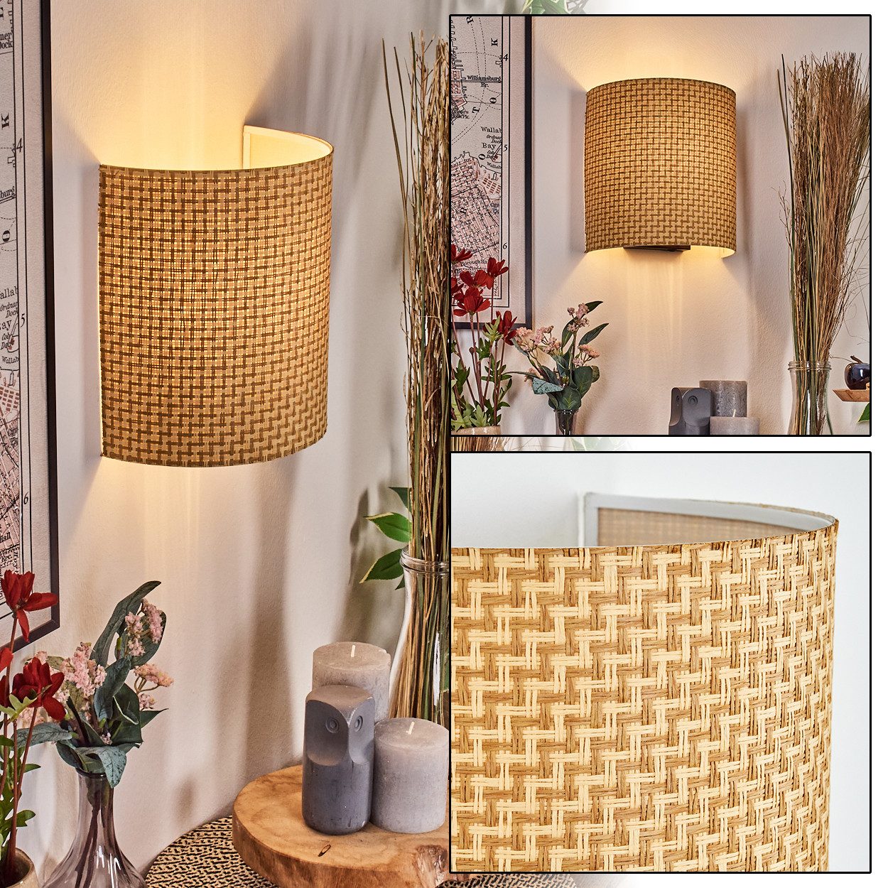 hofstein Wandleuchte Wandlampe aus Metall/Bast/Wienergeflecht in Schwarz/Natur/Beige, Wandleuchte Boho-Design, Stecker u. Schalter, abnehmbares Kabel, E27