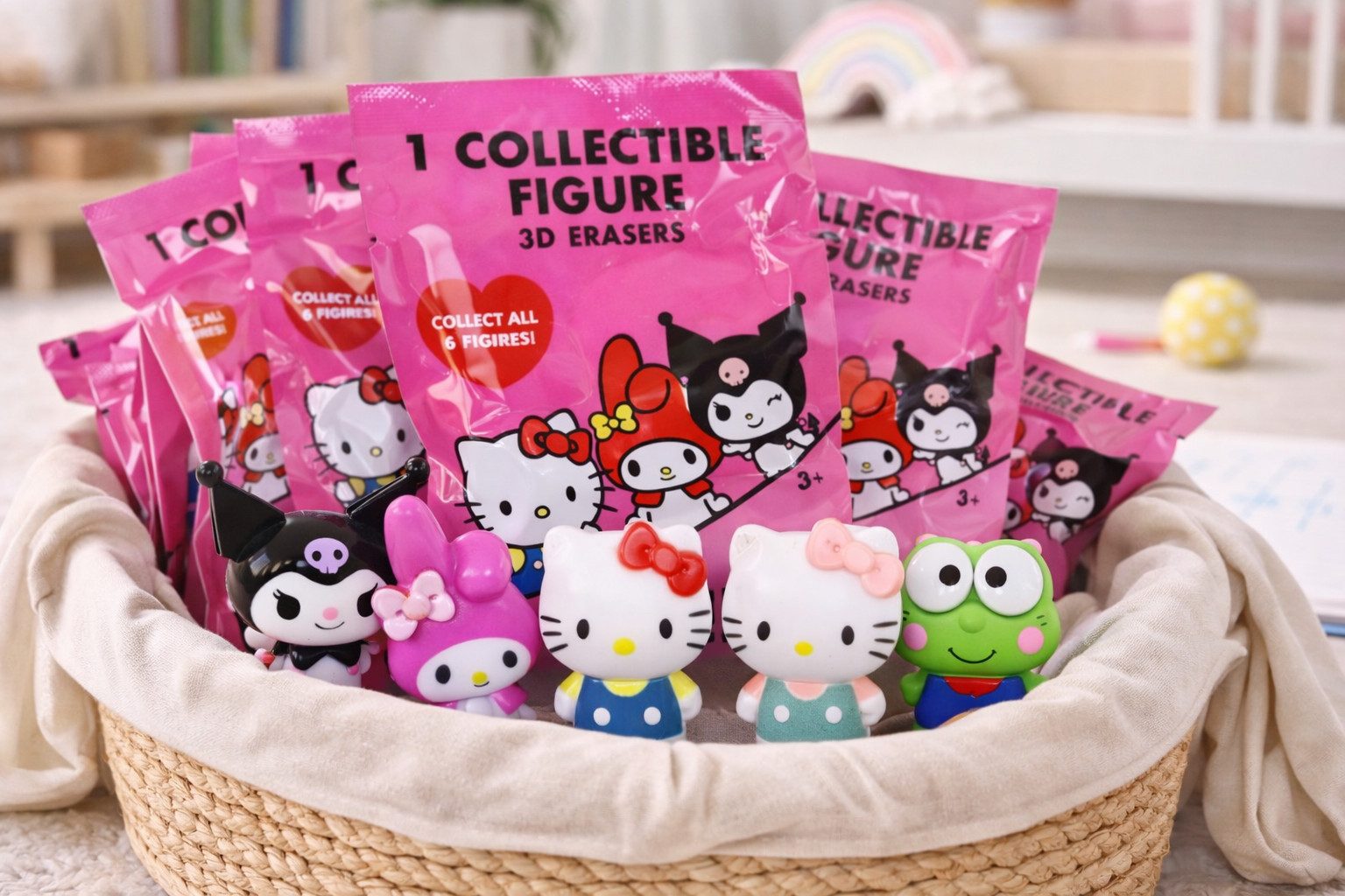 SANRIO Puzzle Hello Kitty 3D Sammelfigur Radiergummi Blindbag 1 von 6 Überraschungen, 2 Puzzleteile, 2x3D-Puzzle Figur Radiergummi 7cm Geschenk für Mädchen Jungen 2er Set