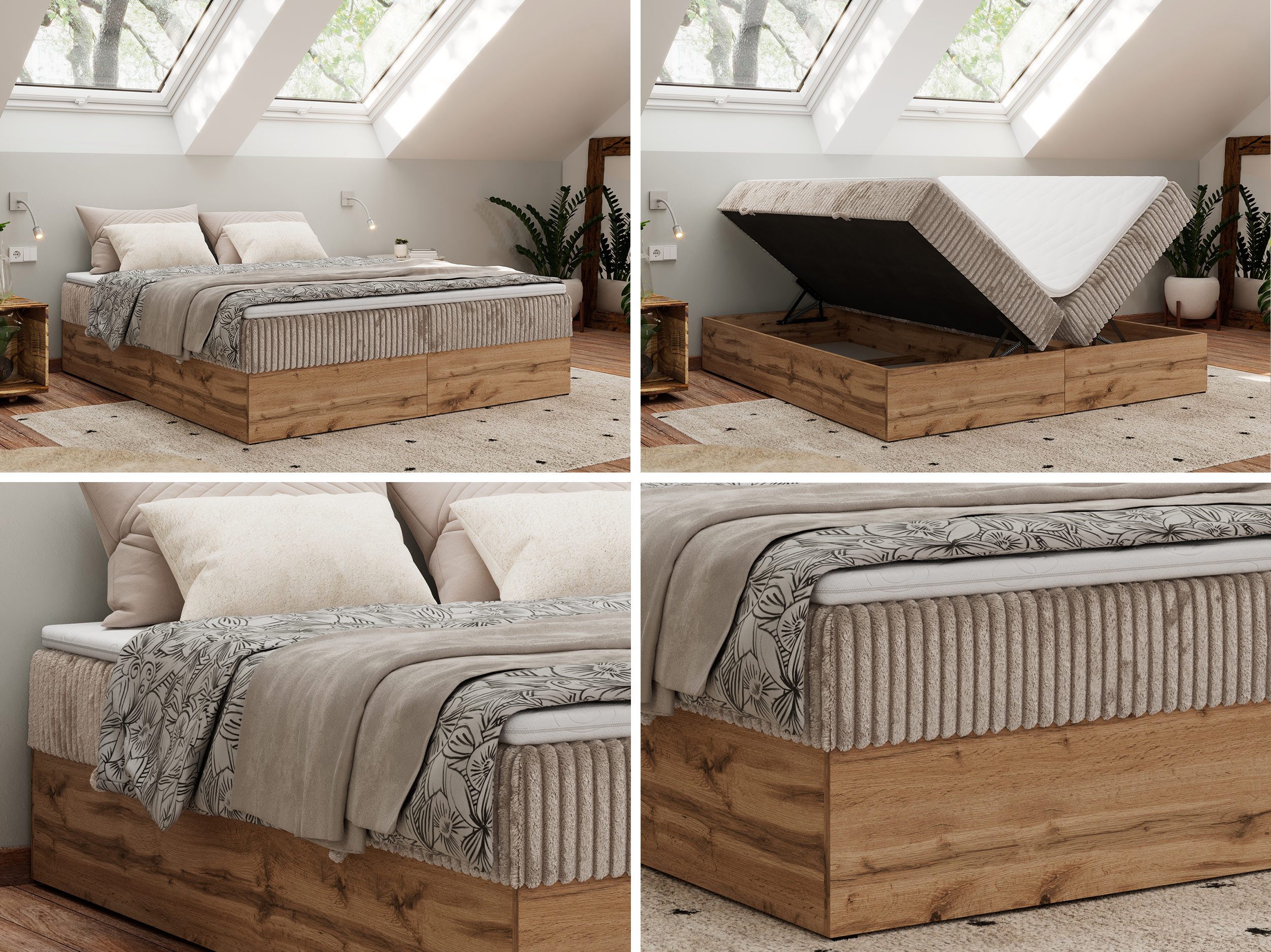 MKS MÖBEL Boxspringbett WOOD ZERO (Set, Bett, Polsterbett mit integrierten Matratzen, 2 Bettkästen, H3/H4), Topper T25 oder Visco optional, ohne Kopfteil