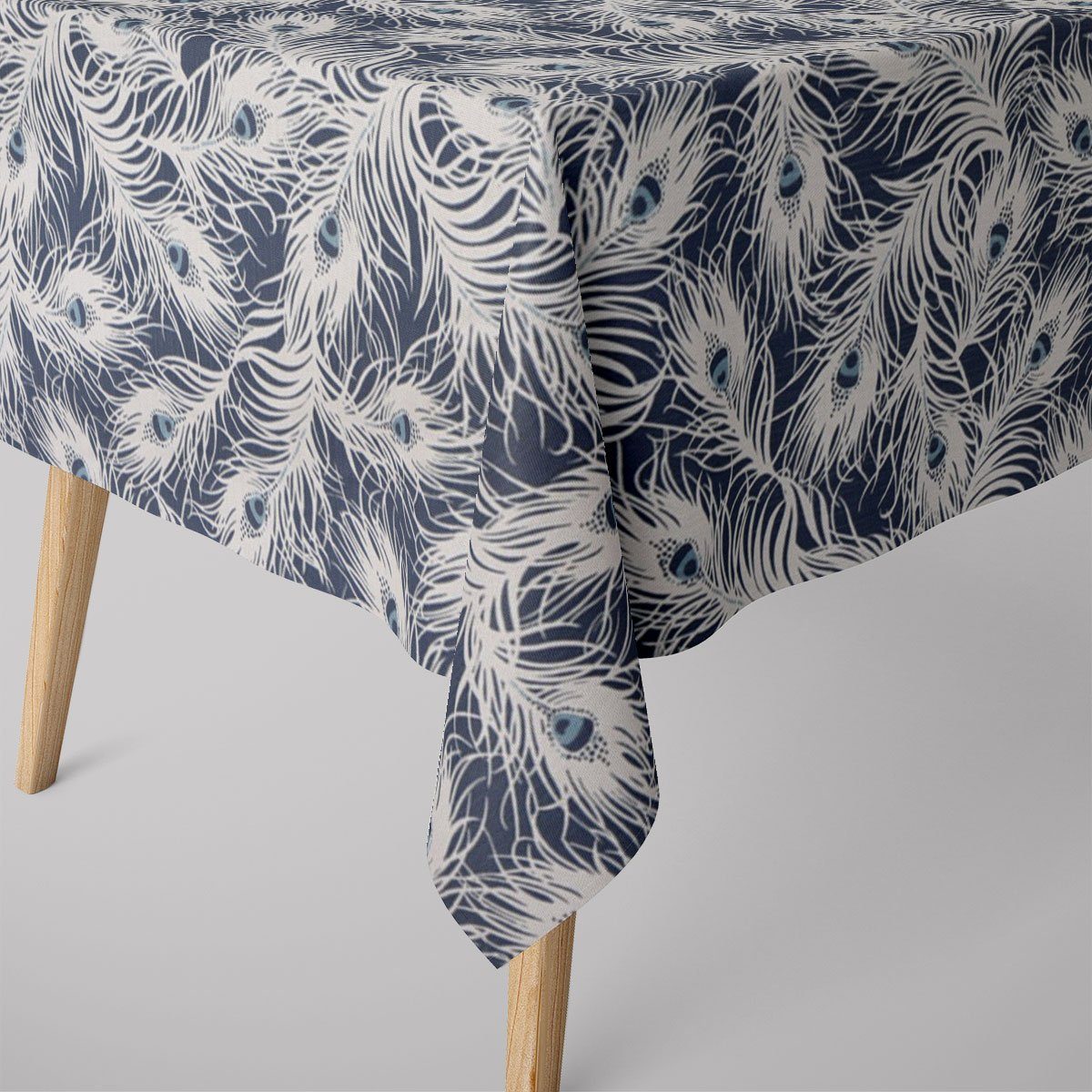 SCHÖNER LEBEN. Tischdecke STUDIO G Federn Pfau dunkelblau weiß blau, made in Germany,handmade