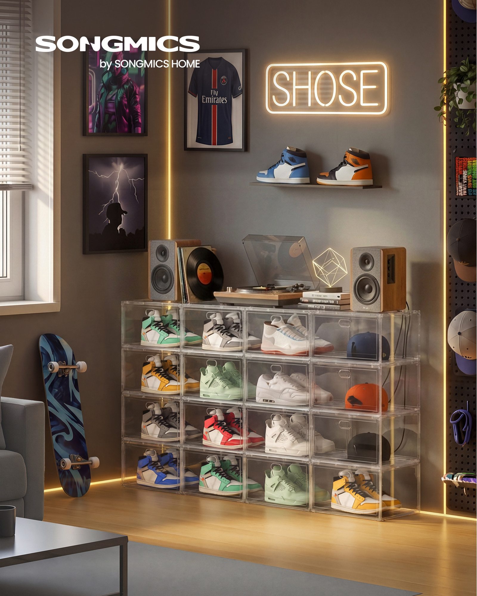 SONGMICS Schuhbox Stapelbare Schuhboxen, transparent, mit Magnettür, für Schuhe bis Gr. 47, 3er/6er Set