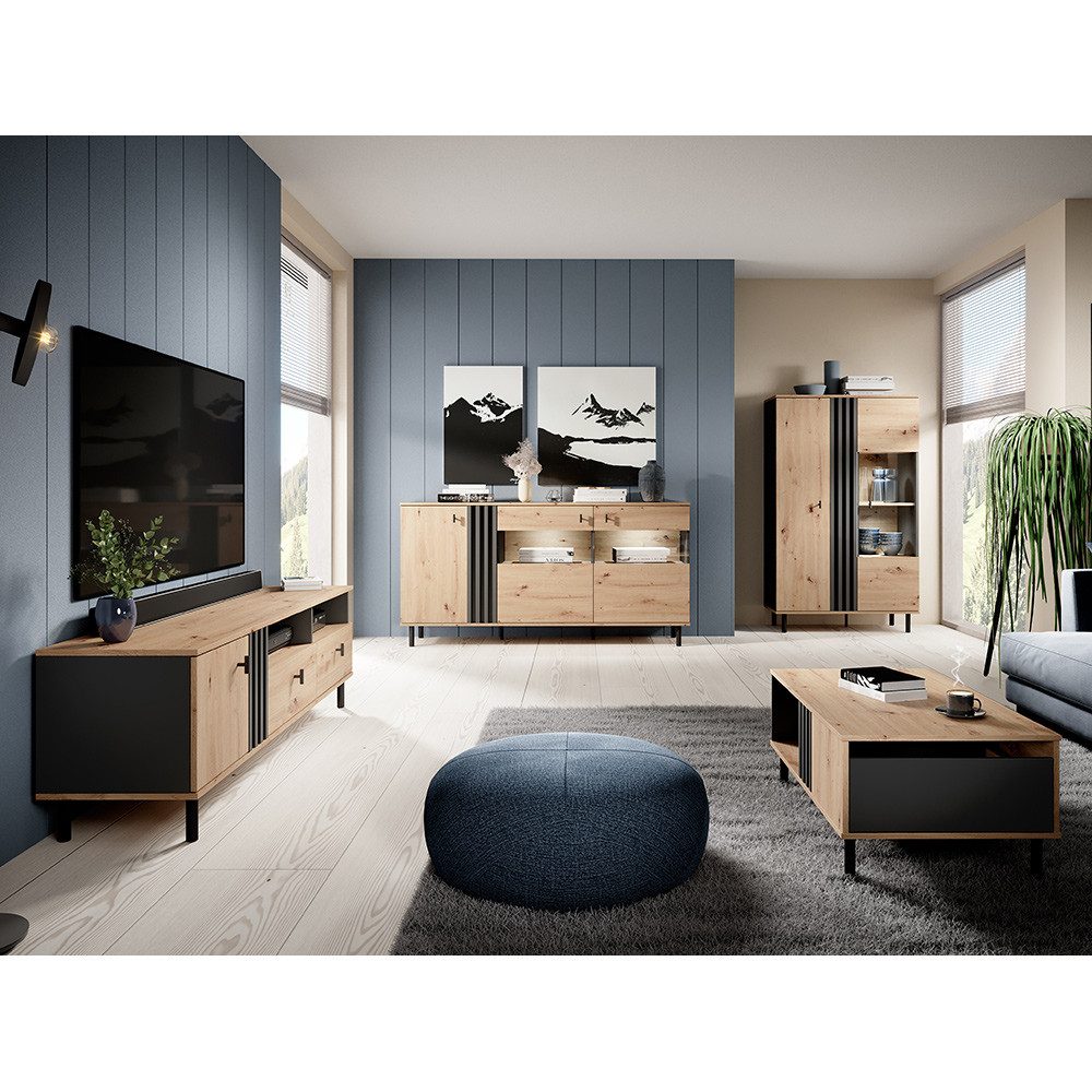 Lomadox Wohnzimmer-Set MATTAWA-167, (Mega-Spar-Set, 4-St., Couchtisch Highboard Lowboard Sideboard), Wohnwand, Eiche Dekor mit Couchtisch und Beleuchtung