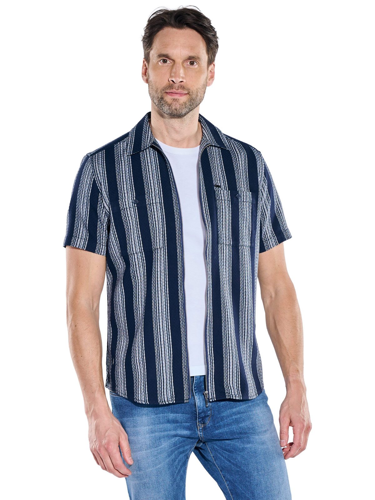 Engbers Kurzarmhemd Herren Gestreiftes Overshirt in Strickoptik, Marineblau