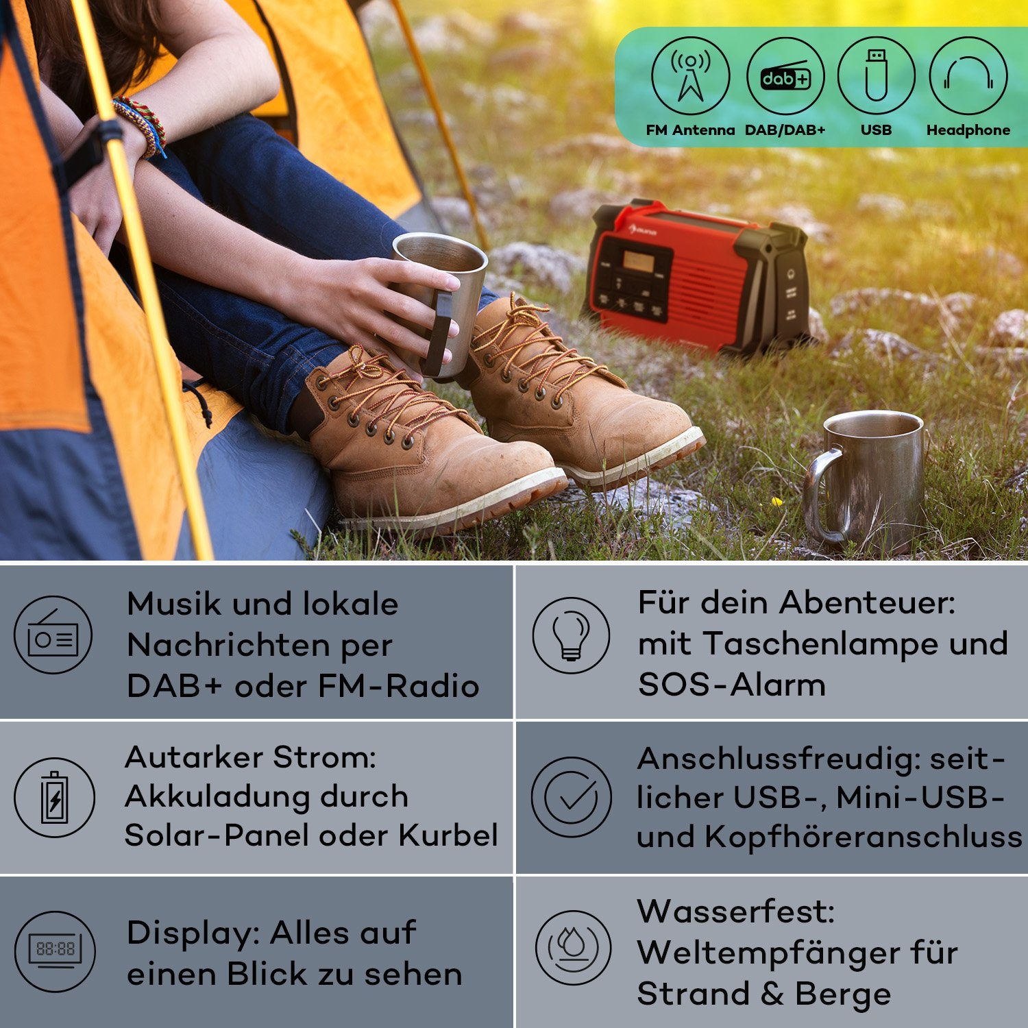 Auna Patagonia DAB+ Radio (DAB / DAB+ und FM-Radio, Outdoor Radio Solar Akku -Aufladung)