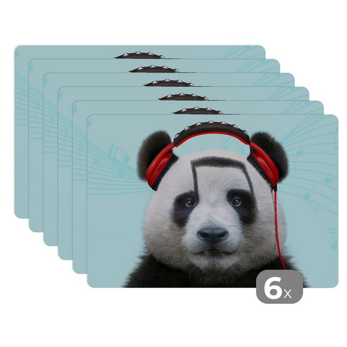Platzset Panda - Kopfhörer - Tier - Musiknoten - Rot MuchoWow (6-St) Platzset Platzdecken Platzmatte Tischmatten Schmutzabweisend