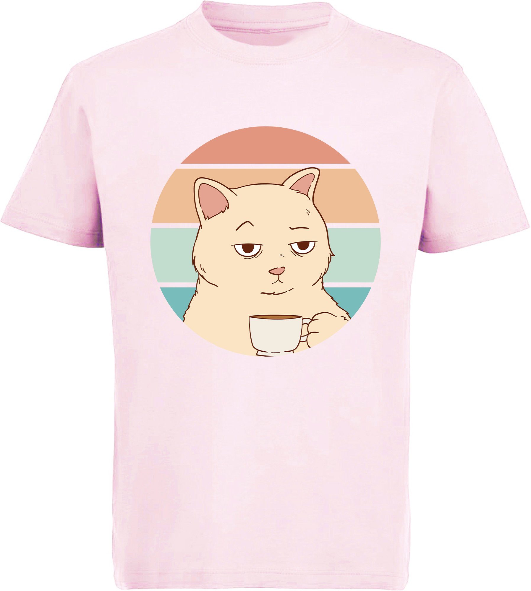 T-Shirt mit mit MyDesign24 bedrucktes i106 Katze, schwarz, Retro Baumwollshirt Katze Kinder rosa, Tasse Mädchen rot, Print-Shirt weiß,