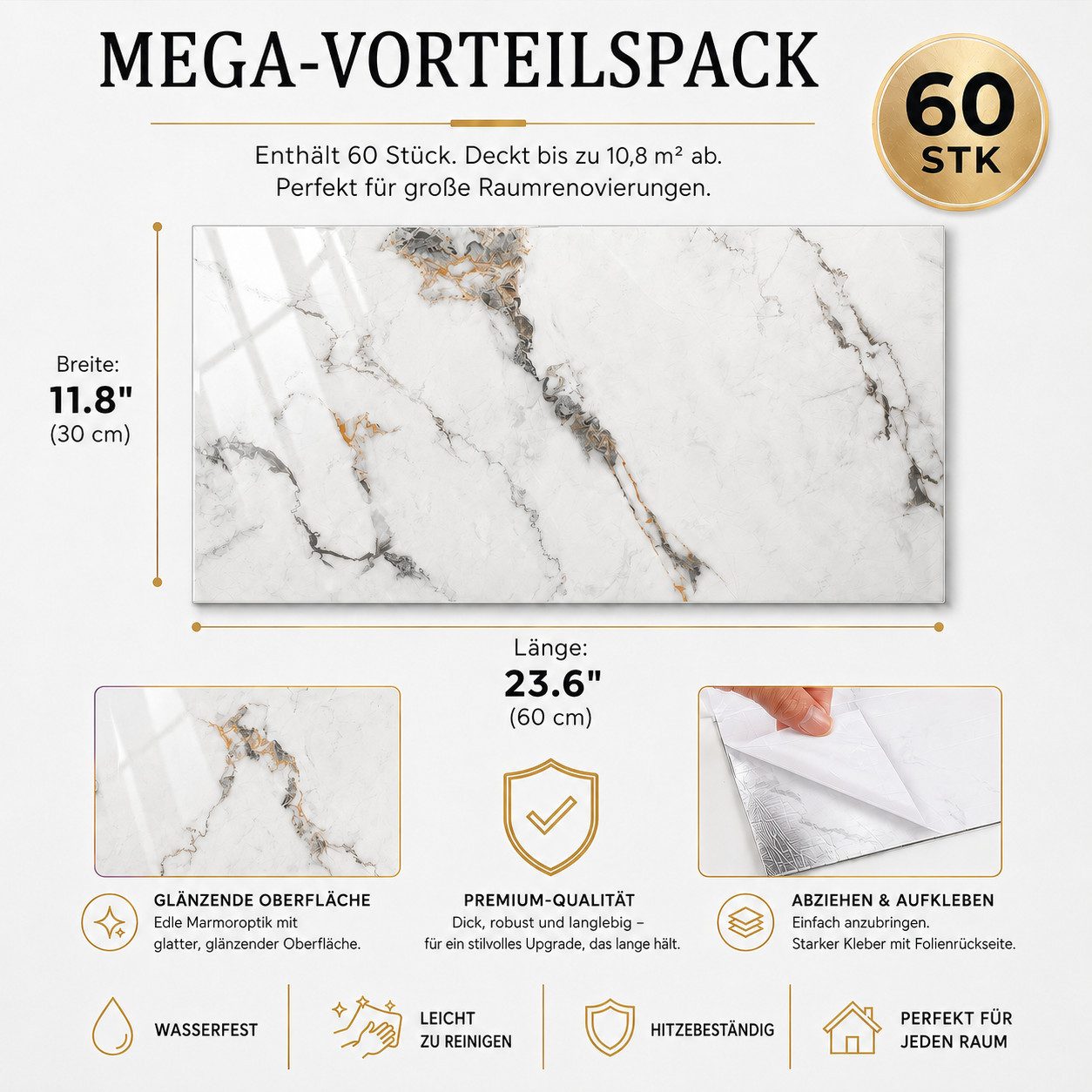 BlingBin Fliesenaufkleber Marmor, 60cm x 30cm Klebefliesen Wasserfest, 60 Stück Wandaufkleber (Selbstklebende Wandpaneele, 60 St., Maße je Paneel: 60 x 30 x 0,2 cm), für Küche, Bad und Wohnzimmer, Küchenrückwand zum Zuschneiden