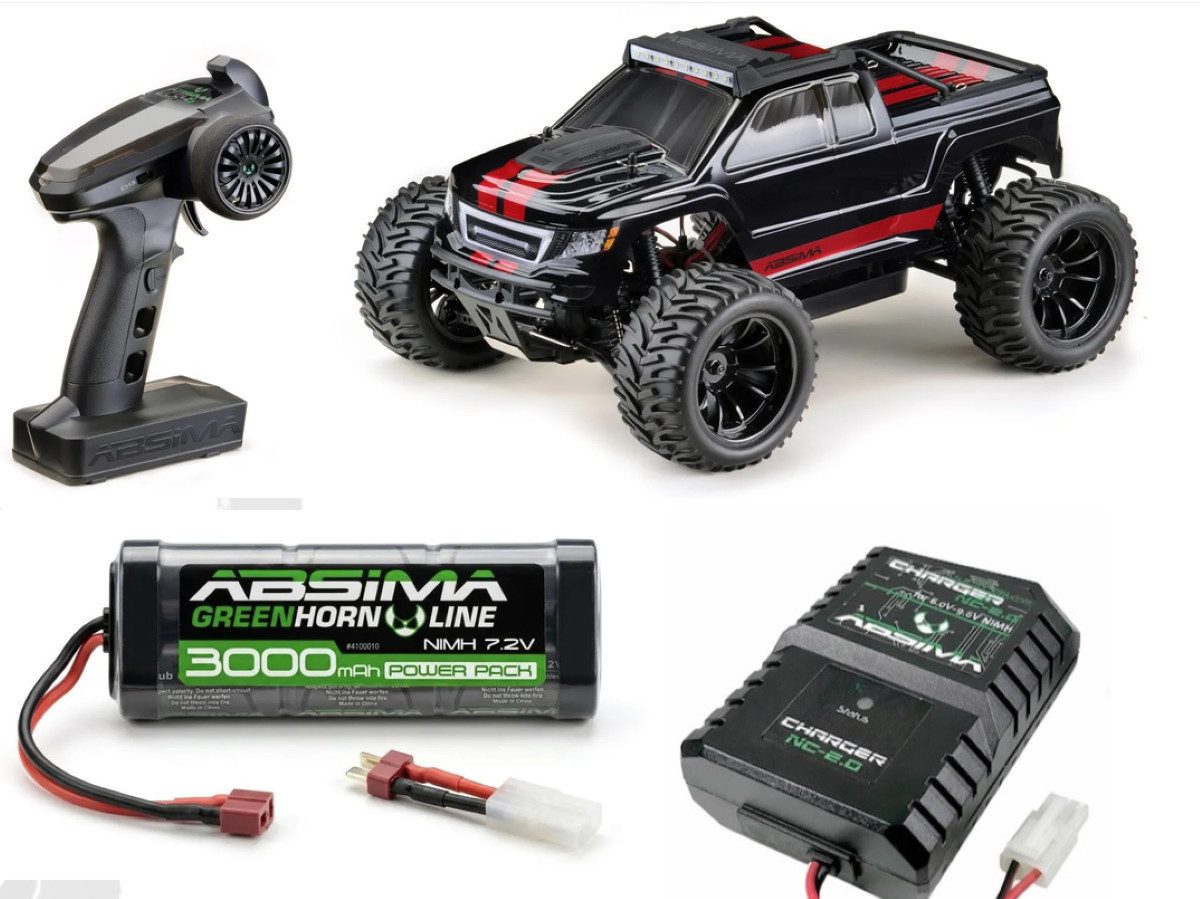Absima RC-Auto 1:10 GreenPower RacingMonster Truck AMT3.4V2 SET INKL. AKKU und LADER (Spar-Set, fertig aufgebaut), mit LED Licht und 2,4GHz Fernsteuerung