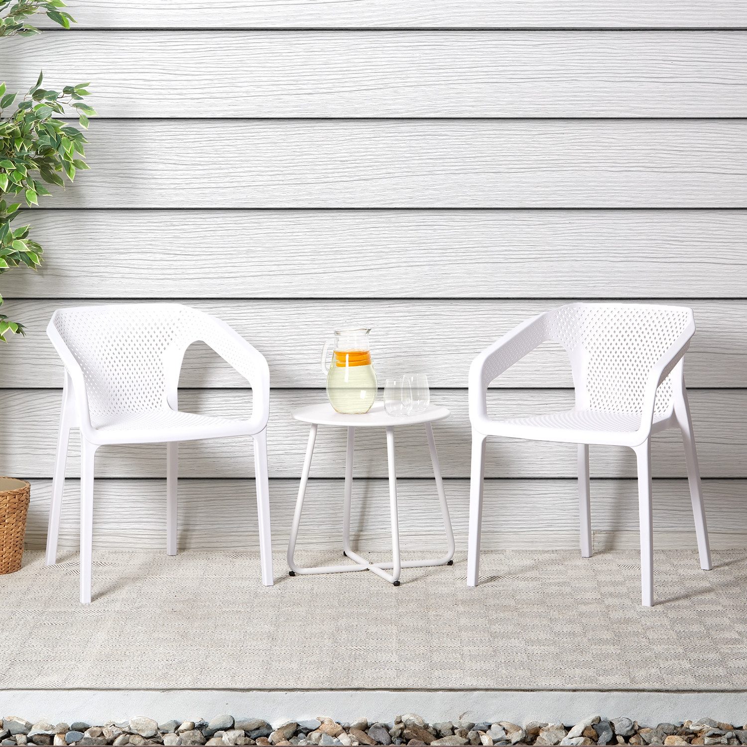 Gartenlounge-Set Outdoor 2 Стулья+Tisch Terrasse stapelbar Gartenmöbel Küchenstuhl, (Set, 3-tlg., 2 Стулья und 1 Tisch), Weiß, inkl. Tisch, robust, stabil, Essstuhl