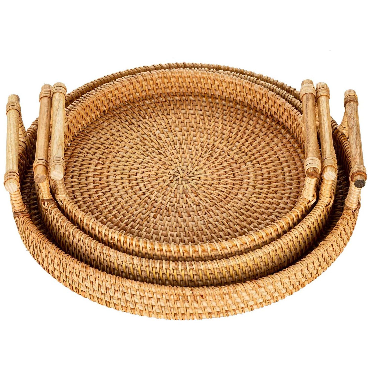 Frühstück), Kaffee, Rustikales Rattan Rattan-Tablett, Brot, Getränke, Serviertablett Snacks, Vicbuy Griffen, Handgefertigtes Tee Obst, dekoratives mit (3er-Set Tablett für Tablett, Wicker-Tablett, Dekotablett,