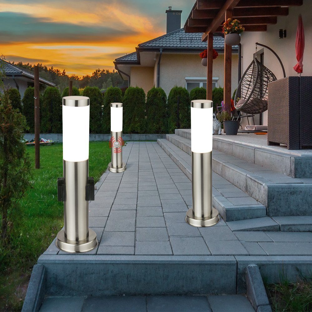 etc-shop LED Außen-Stehlampe, Leuchtmittel inklusive, Warmweiß, 3er Set Steh Leuchten Außen Edelstahl Bewegungsmelder-