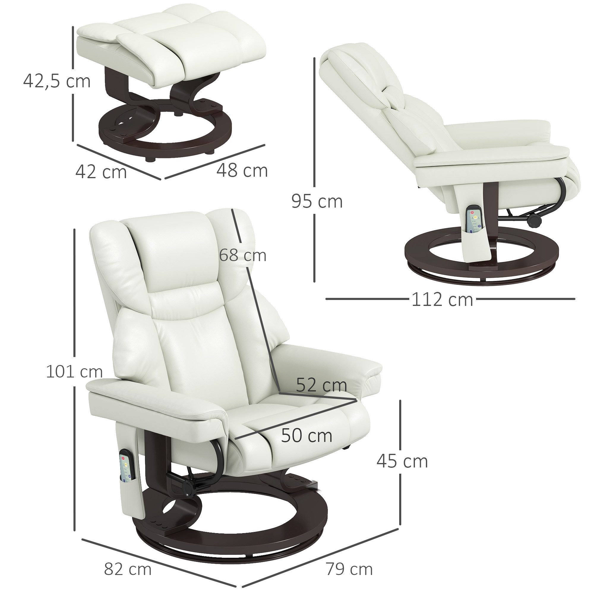 HOMCOM Massagesessel Fernsehsessel mit Hocker, 360°drehbarer, Massage, Kunstleder (Relaxsessel, 2-St., Fernsehsessel), mit Fernbedienung, Seitentasche, für Wohnzimmer, Kunstleder, Creme