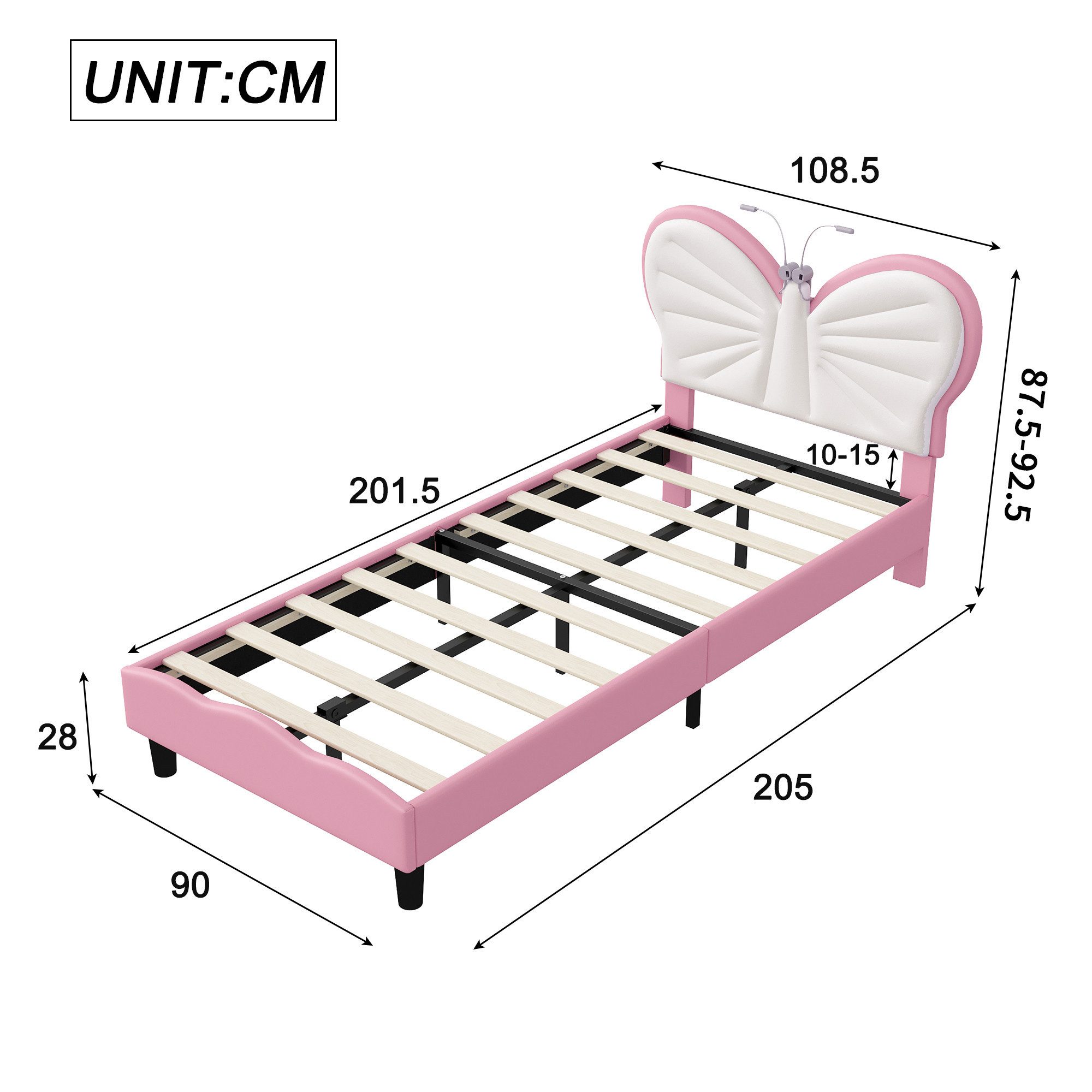 Simurq Prinzessinbett Kinderbett 90x190/90x200 cm Schmetterling Polsterbett (Prinzessinnenbett, höhenverstellbarem Samt-Kopfteil), Jugendbett Einzelbettmit LED- – Bild 5 von 5