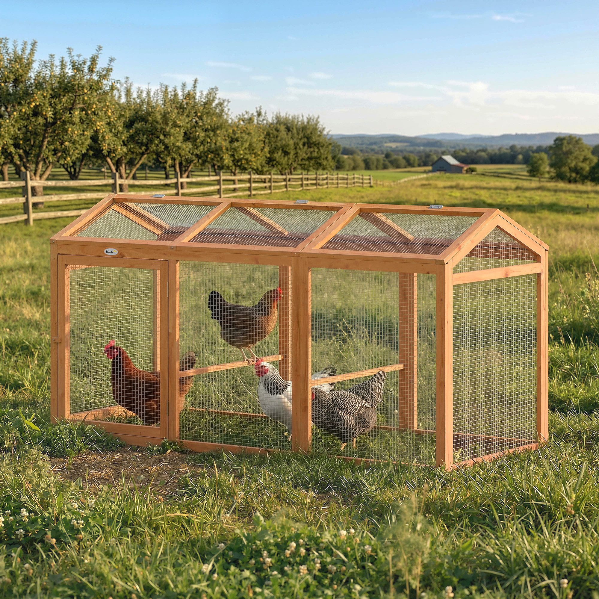 PawHut Hühnerstall Freilaufgehege Hühnergehege mit Sitzstange Doppeltüren, für 4 Hühner, Kleintiere Orange