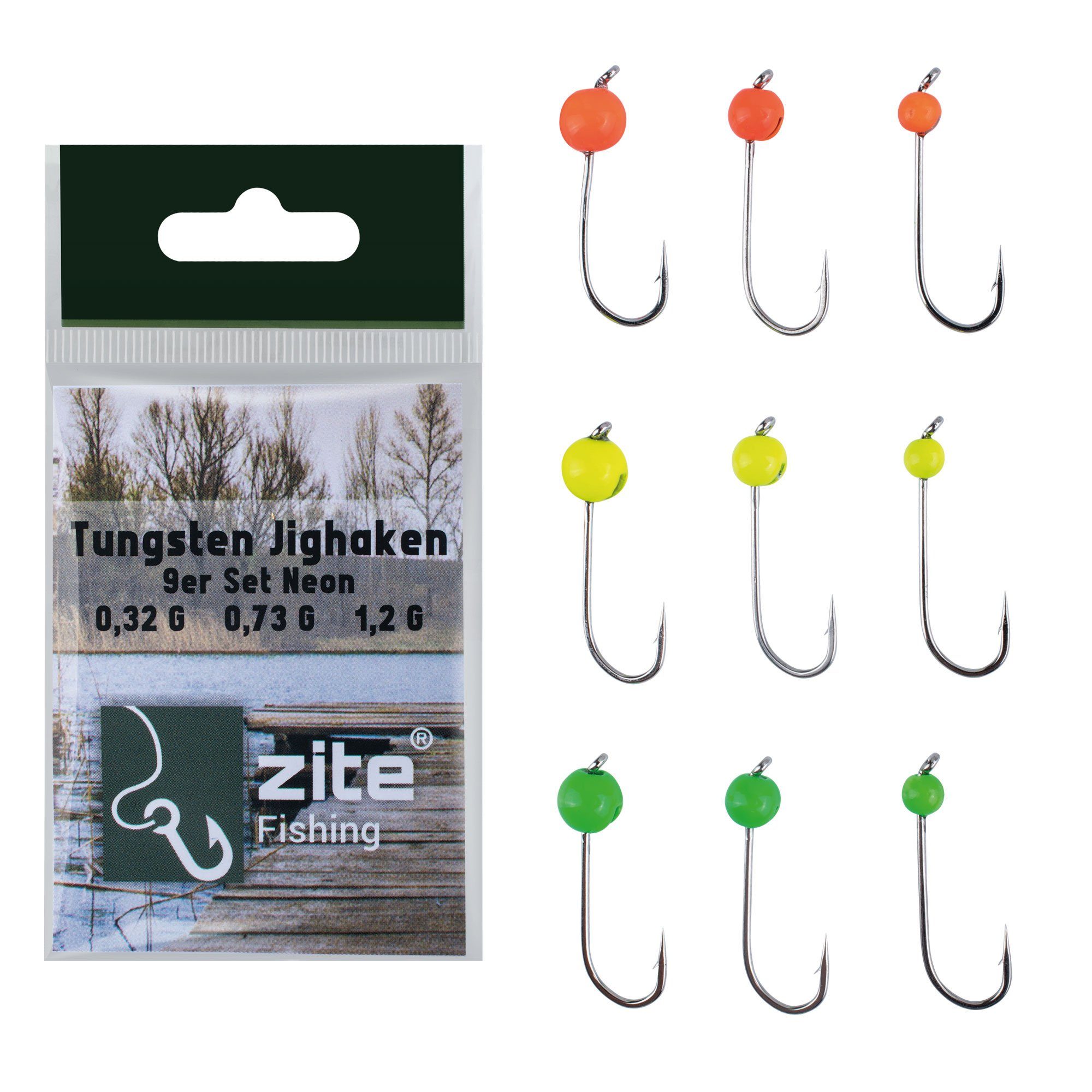 Jighaken Set Neon - Tungstenperlen am Forellenhaken - 9 STK 0,3g-1,2g